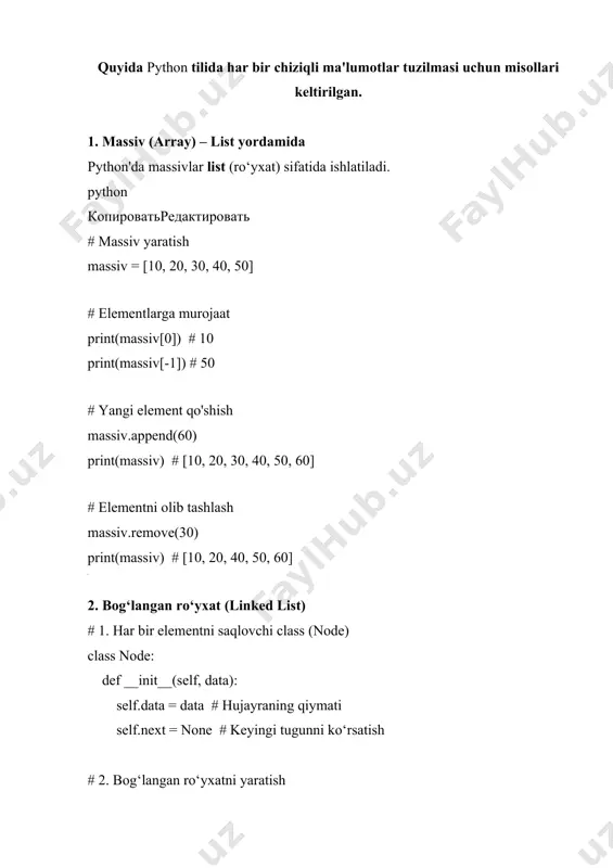 add() funksiyasi – yangi tugunni ro‘yxatning boshiga qo‘shadi. 4. print_list() funksiyasi – barcha elementlarni ekranga chiqaradi. natijada nima bo‘ladi? qo‘shish tartibi: plaintext копироватьредактировать add(10) → 10 -> none add(20) → 20 -> 10 -> none add(30) → 30 -> 20 -> 10 -> none ya’ni, yangi elementlar boshidan qo‘shiladi. 3. stek (stack) stek lifo (oxirgi kirgan birinchi chiqadi) tamoyili bo‘yicha ishlaydi. python копироватьредактировать class stack: def __init__(self): self.stack = [] def push(self, data): self.stack.append(data) def pop(self): if not self.is_empty(): return self.stack.pop() return "stack bo‘sh" def is_empty(self): return len(self.stack) == 0 def peek(self): if not self.is_empty(): return self.stack[-1] return "stack bo‘sh" stack = stack() stack.push(10) stack.push(20) stack.push(30) print(stack.pop()) # 30 print(stack.pop()) # 20 print(stack.peek()) # 10 4. navbat (queue) navbat fifo (birinchi kirgan birinchi chiqadi) tamoyili bo‘yicha ishlaydi. python копироватьредактировать from collections import deque queue = deque() # element qo‘shish queue.append(10) queue.append(20) queue.append(30) print(queue.popleft()) # 10 print(queue.popleft()) # 20 print(queue) # …