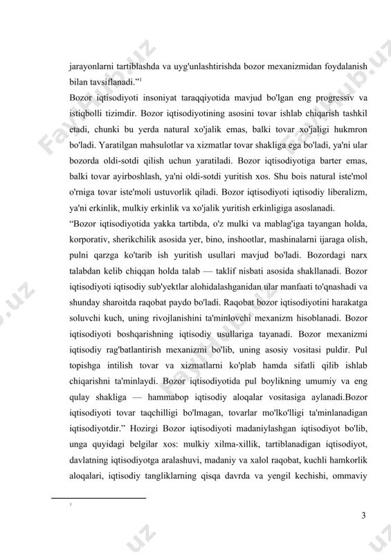 lik, ijtimoiy tabaqalanishning chuqur bo'lmasligi, o'ziga to'q va farovon yashovchi o'rtahol tabaqa mavqeining oshib borishi, ijtimoiy muvozanatning saqlanishi va fuqaroviy to'qnashuvlarga o'rin qolmasligi va boshqa. bu belgilar hozirgi bozor iqtisodiyotini harakterlaydi, lekin uning taraqqiyoti shu bilan bozor iqtisodiyoti modellari — bozor iqtisodiyotining turlari. bozor iqtisodiyoti modellari modelning iqtisodiy rivojlangan mamlakatlarga xos bo'lgan aralash iqtisodiyot, ijtimoiy bozor xo'jaligi va korporativ iqtisodiyot ko'rinishlari mavjud. iqtisodiy tizim - iqtisodiy mahsulotni ishlab chiqarish, taqsimot, ayirboshlash va iste'mol jarayonida paydo bo'ladigan asosiy iqtisodiy munosabatlarning shakl va mazmunini belgilab beradigan, mamlakatda tarixan paydo bo'lgan yoki joriy etilgan, amal qiladigan tamoyillar, qoidalar, qonun yo'li bilan mustahkamlangan normalar majmui. i bob. bozor iqtisodiyotini tartibga solishda davlatning iqtisodiyotdagi roli va iqtisodiyotga ta’sir qilish usullari va vositalari haqida tushuncha 1.1.bozor iqtisodiyotini tartibga solishda davlatning iqtisodiyotdagi roli. milliy iqtisodiyotning samaradorligi ko`p omilli ko`rsatkich bo`lib, bunda samaradorlikning erishilgan darajasi ko`p jihatdan iqtisodiyotdagi davlat yoki bozor tizimining tutgan roliga bog`liq bo`lishi mumkin. chunki …