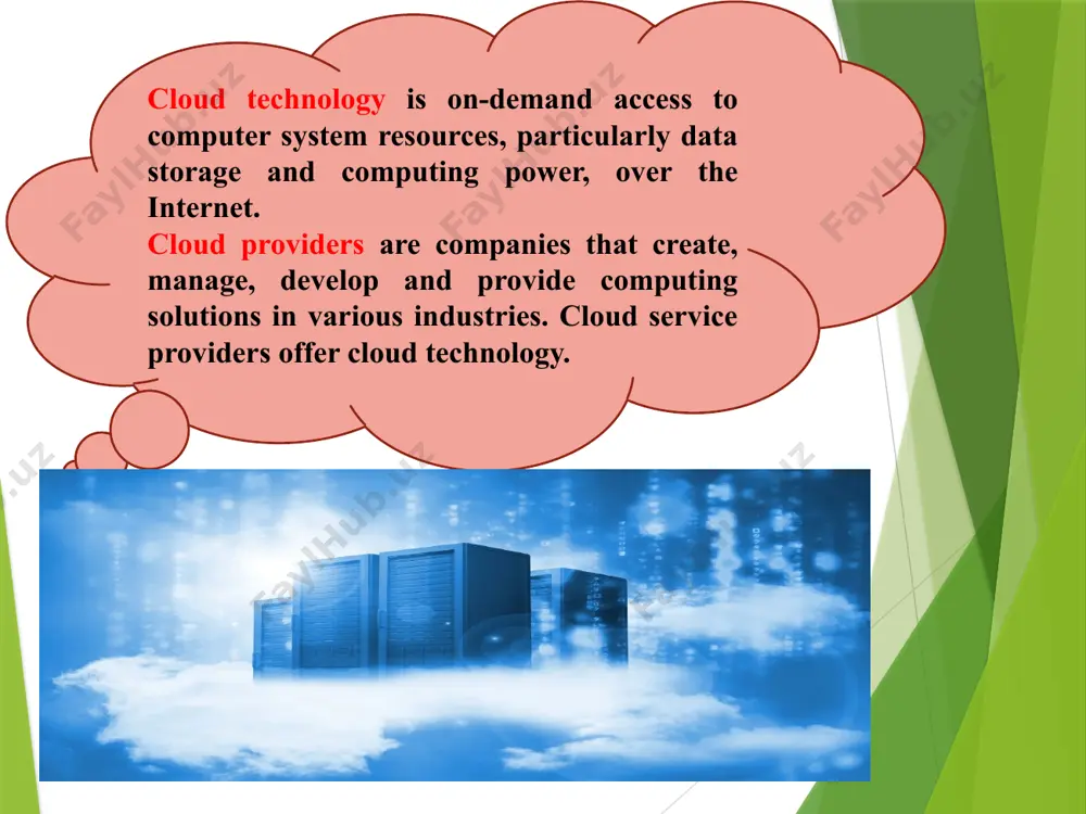 services, teachers have the opportunity to use one of the modern and popular technologies in the process of teaching computer science in a practical and theoretical way. www.kiut.uz the role of cloud technologies in education? 7 1. dropbox. сайт: dropbox.com 2. google диск. сайт: drive.google.com 3. «яндекс.диск». сайт: disk.yandex.ru 4. one drive сайт: onedrive.live.com 5. mega. сайт: сайт mega.co.nz 6. облако mail. сайт: cloud.mail.ru 7. copy. сайт: copy.com 8. bitcasa. сайт: bitcasa.com 9. baidupan (drive). сайт: baidu.com 10. cloud me. сайт: cloudme.com 11. pcloud. сайт: www.pcloud.com. 12. syncplicity. сайт: syncplicity.com 13. mediafire. сайт: mediafire.com 14. jumpshare. сайт: jumpshare.com 15. dolly drive. сайт: dollydrive.com 16. ozibox. сайт: ozibox.com 17. mimedia. сайт: mimedia 18. slashdrive сайт: slashdrive.net va boshqalar. a range of cloud file storage differs mainly in the size of free space from 2 to 100 gb, which can be increased by purchasing tariff plans. most of them support the most …
