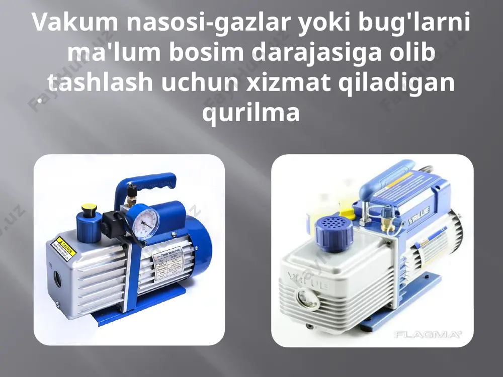 n foydalanishning eng muhim kamchiligi bu unga xizmat ko'rsatish suyuqligini etkazib berish zarurati. birinchidan, nasos ichidagi isitish tufayli, ikkinchidan, mumkin bo'lgan ifloslanish tufayli. qo'llash sohasiga qarab, nasosdan chiqarilgan suyuqlik bo'lishi mumkin:- qaytarib bo'lmaydigan tarzda olib tashlandi (suyuqlik ifloslanganda va uni tozalash maqsadga muvofiq emas);- qisman nasosga qaytarildi;- nasosga to'liq qaytariladi (bu holda suyuqlik yopiq tsiklda aylanadi, havoni olib tashlash uchun ajratgichdan va sovutish uchun issiqlik almashtirgichdan o'tadi). vakum nasoslarini qo'llash sohalari: mashinasozlik; metallurgiya; kimyo sanoati; yog'ochni qayta ishlash sanoati; oziq-ovqat sanoati; qishloq xo'jaligi va boshqalar. image2.jpeg image3.jpeg image4.jpeg audio1.wav image5.gif image6.jpeg image7.jpeg image8.jpeg /docprops/thumbnail.jpeg