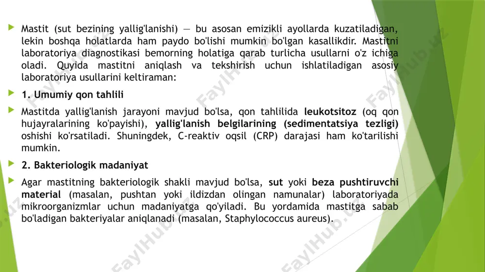 i) mastitda shish va absesslarni ko'rsatishi mumkin. 6. biopsiya agar mastitda malignitet shubhalari bo'lsa (masalan, yallig'lanish jarayoni o'zgargan va uzoq vaqt davom etayotgan bo'lsa), to'qima biopsiyasi olish mumkin. bu usul mastitni boshqa kasalliklardan ajratish uchun ishlatiladi, masalan, yallig'lanish yoki saraton. 7. mammografiya mastitni diagnostika qilishda mammografiya usulidan ham foydalanish mumkin. bu usulni ko'pincha mastitni boshqa o'zgarishlardan ajratish, masalan, fibrokistik o'zgarishlar yoki onkologik kasalliklar bilan ajratish uchun qo'llaniladi. 8. sut va teri ph o'lchovi mastitda terining ph darajasi o'zgarishi mumkin. ba'zi hollarda, sutdagi ph o'lchovlari yallig'lanish jarayonlarining mavjudligini ko'rsatishi mumkin. mastitni aniqlashda klinik baholash ham muhimdir. mastit belgilari quyidagilarni o'z ichiga oladi: qizil yoki isitma bilan to'ldirilgan, og'riqli ko'krak ko'krakdagi shish yoki yallig'lanish sutdagi o'zgarishlar (yiring, suyuqlik to'planishi) agar mastitni erta bosqichlarda aniqlansa, davolash osonroq bo'ladi. bakterial mastitni davolashda antibiotiklar ishlatiladi, shuningdek, yallig'lanishni kamaytirish uchun yallig'lanishga qarshi dorilar ham buyurilishi mumkin. umuman olganda, mastitning laboratoriya diagnostikasi yallig'lanish jarayonini tasdiqlash, bakterial infektsiyani …