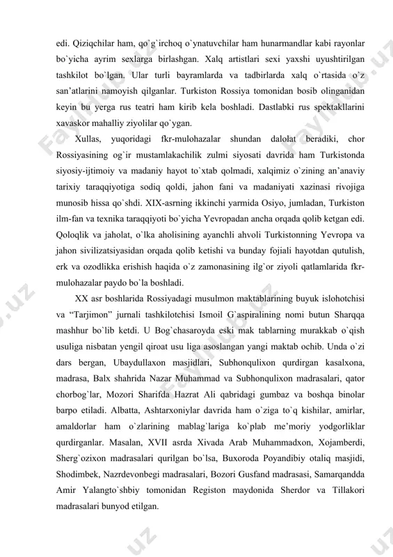 o`qish usuliga nisbatan yengil qiroat usu liga asoslangan yangi maktab ochib. unda o`zi dars bergan, ubaydullaxon masjidlari, subhonqulixon qurdirgan kasalxona, madrasa, balx shahrida nazar muhammad va subhonqulixon madrasalari, qator chorbog`lar, mozori sharifda hazrat ali qabridagi gumbaz va boshqa binolar barpo etiladi. albatta, ashtarxoniylar davrida ham o`ziga to`q kishilar, amirlar, amaldorlar ham o`zlarining mablag`lariga ko`plab me’moriy yodgorliklar qurdirganlar. masalan, xvii asrda xivada arab muhammadxon, xojamberdi, sherg`ozixon madrasalari qurilgan bo`lsa, buxoroda poyandibiy otaliq masjidi, shodimbek, nazrdevonbegi madrasalari, bozori gusfand madrasasi, samarqandda amir yalangto`shbiy tomonidan registon maydonida sherdor va tillakori madrasalari bunyod etilgan. bunday ulug`vor va hashamatli binolar hukmdorning qudratidan dalolat berishini, ularning nomlarini abadiylashtirishning eng maqbul yo`li ekanligini anglab yetganlar. shuning uchun ham shayboniy hukmdorlar bir tomondan nafaqat buxoro, balki o`zlari bosib olgan boshqa shaharlarda ham ko`plab madrasalar, masjidlar va xonaqohlar qurdirgan bo`lsalar, ikkinchi tomondan, o`zidan oldin yetti iqlimni bo`ysundirib o`zining qudratini namoyish qilgan amir temurga g`ayrlik bilan qaraganlar va temur tomonidan …