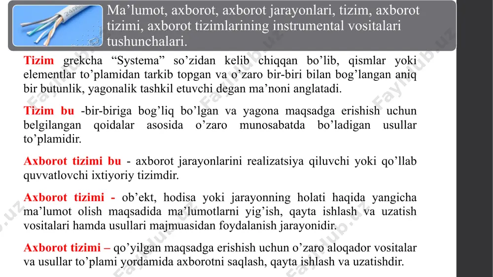 tiladi. bunday axborot tizimlar quyidagilarni amalga oshirishga yordam beradi: yangi mahsulotlar va ularni ishlab chiqarish texnologiyalarini ishlab chiqishda; turli muhandislik hisob-kitoblarida (mahsulot texnik parametrlarini, mehnat, material va boshqa xarajatlar me’yorlarini); grafik hujjatlar yaratish (chizma, sxema, rejalashtirish); loyihalashtirilayotgan obyektlarni modellarini yaratish; stanoklar uchun raqamli dasturiy boshqaruv bilan boshqaruvchi dasturlarni yaratish. axborot tizimlarining klassifikatsiyasi. tashkiliy boshqaruv axborot tizimlari – ma’muriy (boshqaruv) xodim vazifalarini avtomatlashtirish uchun yaratiladi. bu sinfga sanoat (korxona) va nosanoat (banklar, birjalar, sug‘urta kompaniyalari, mehmonxona va boshqalar) va alohida ofislarni (ofis tizimlari) boshqarish axborot tizimlari kiradi. texnologik jarayonlarni boshqarish axborot tizimlari – turli texnologik jarayonlarni boshqarish uchun yaratiladi (egiluvchan ishlab chiqarish jarayonlari, metallurgiya, energetika va boshqalar). boshqarish vazifalarini yoki ma’lumotlarga ishlov berishning bir qismi avtomatik, bir qismi esa inson tomonidan bajariladi. masalan, korxona foliyatiga tegishli bo‘lgan resurslarga taalluqli axborotlarni yig‘ish, ishlov berish va taqsimlash avtomatlashtirilgan bo‘ladi, qaror qabul qilish esa asosan xodim tomonidan bajariladi. texnologik jarayonlarni boshqarish axborot tizimlari - …