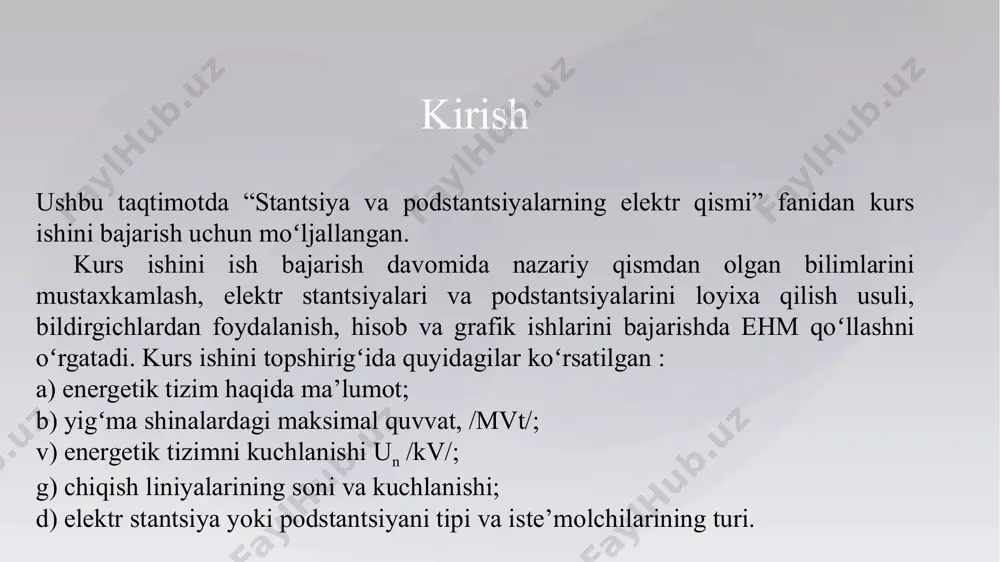 oki xar bir ta’minlovchi manba qisqa tutashuv nuqtasi bilan bitta natijaviy qarshilik xnat orqali bogʻlangan boʻladi. natijaviy qarshilikni bilgan holda om qonuni asosida qisqa tutashuv tokining tashkil etuvchisini boshlangʻich miqdori ipo aniqlanadi. soʻngra zarbiy tok va zarurat tugʻilsa, berilgan vaqt momenti t uchun qisqa tutashuv tokining davriy va boshlangʻich tashkil etuvchisi aniqlanadi. stantsiya va podstantsiyalarda, ehmda qisqa tutashuv toklarini aniqlash. 110 kv 10 kv tp-1 tp-2 yuk pk k-1 k-2 qisqa tutashuv tokini hisoblash elektr tizim sxemasi elektr apparatlarini tanlash kataloglar yordamida elektr qurilmaning normal rejimdagi ko‘rsatgichlari bo‘yicha bajariladi. qabul qilingan apparatni ulanish nuqtasidagi maksimal qisqa tutashuv toki ta’siri bo‘yicha tekshirib ko‘rinishi zarur. albatta, katalog bo‘yicha tanlangan apparatlarning parametrlari(nominal kuchlanishi va toki) elektr qurilmaning ekspluatatsiya sharoitidagi kuchlanish va tok miqdorlariga teng yoki katta bo‘lishi kerak. aniq apparatlarni ma’lum ish rejim sharoitlari uchun qabul qilinganda ko‘plab omillarni hisobga olishga to‘g’ri keladi. biz bulardan faqat apparatlarni qisqa tutashuv toki ta’siriga chidamligiga e’tibor …