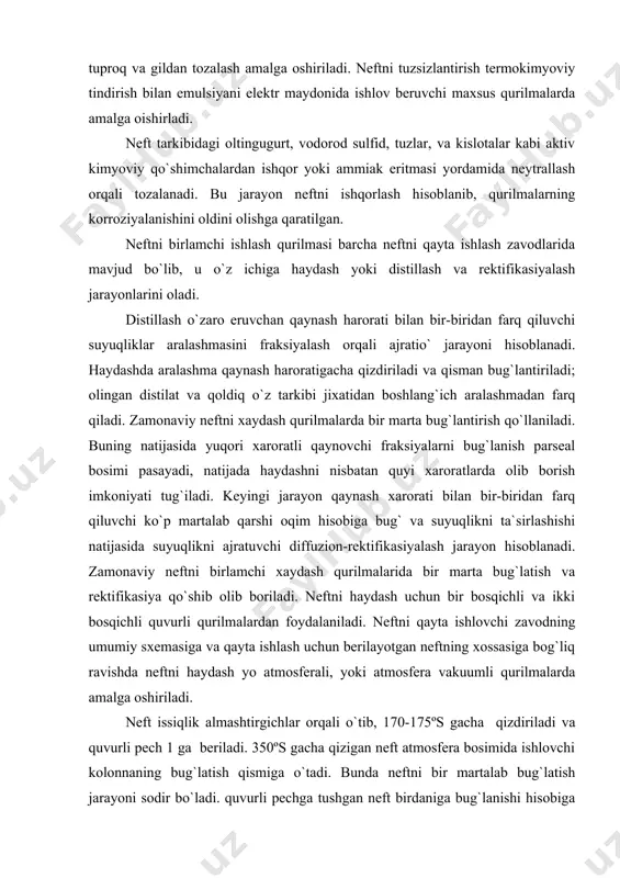 ijasida suyuqlikni ajratuvchi diffuzion-rektifikasiyalash jarayon hisoblanadi. zamonaviy neftni birlamchi xaydash qurilmalarida bir marta bug`latish va rektifikasiya qo`shib olib boriladi. neftni haydash uchun bir bosqichli va ikki bosqichli quvurli qurilmalardan foydalaniladi. neftni qayta ishlovchi zavodning umumiy sxemasiga va qayta ishlash uchun berilayotgan neftning xossasiga bog`liq ravishda neftni haydash yo atmosferali, yoki atmosfera vakuumli qurilmalarda amalga oshiriladi. neft issiqlik almashtirgichlar orqali o`tib, 170-175ºs gacha qizdiriladi va quvurli pech 1 ga beriladi. 350ºs gacha qizigan neft atmosfera bosimida ishlovchi kolonnaning bug`latish qismiga o`tadi. bunda neftni bir martalab bug`latish jarayoni sodir bo`ladi. quvurli pechga tushgan neft birdaniga bug`lanishi hisobiga bosimning keskin pasayishi sodir bo`ladi va bunda issiqlikning bir qismi sarflanadi. quyi haroratda qaynovchi fraksiyalarning bug`lari yuqoriga intiladi va sovish hisobiga qisman kondensatlanadi. suyuqlik bunda qiziydi va unda engil fraksiyalar uchib chiqadi. ma`lum haroratlar oralig`ida turli tarkib va tuzilishga ega bo`lgan distilyatlar kolonna balandligiga ko`ra ajratib olinadi. 300-350ºs da solyar distilyati, 200-300ºs da kerosin, 160-200ºs …
