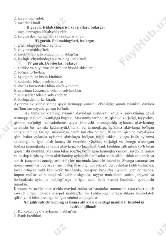 ‘g‘ri taqsimlash ishlab chiqarishda samaradorlikka, korxonalar moliyaviy faoliyatining yaxshi natijalarga erishishiga olib kelishi mumkin. fondlar aylanishining asosiy shakli - pul shakli ishlab chiqarishni tashkil qilishda asosiy rol o‘ynaydi. shuning uchun ular aylanishining asosiy shakli, jarayon boshlanishida pul mablag‘larini avanslashtirish va jarayon tugashida aktivlarning pul shakliga o‘tishidir. haqiqatda pul mablag‘larini avanslashtirmasdan turib fondlar aylanishini boshlash mumkin emas va shundan kelib chiqqan holda boshqa bosqichlar o‘z-o‘zidan amalga oshirilmaydi. korxonalarning avanslashtirilgan mablag‘lari natural-ashyoviy shaklda va boshqa shaklda, ya’ni qiymat shaklida bo‘lishi mumkin. aktivlarning qaysi bir turini moslashtirishga qarab, ular asosiy va aylanma mablag‘larga bo‘linadi. avanslashtirishning xususiyati shuki, mablag‘lar korxona oborotida doimiy ravishda bo‘lib turadi va aktivlarning aylanishiga qarab o‘z shaklini o‘zgartirib turadi. aktivlarning aylanishi davomida aylanma mablag‘lar pul shaklidan ishlab chiqarish zahiralari shakliga, ishlab chiqarish zahiralari shaklidan tugallanmagan ishlab chiqarish (tayyor bo‘lmagan mahsulot)ga, tugallanmagan ishlab chiqarishdan tayyor mahsulot shakliga o‘tadi. oxirgi bosqichda mahsulot sotiladi, ya’ni tovar shaklidan pul shakliga o‘tadi va jarayon boshida …