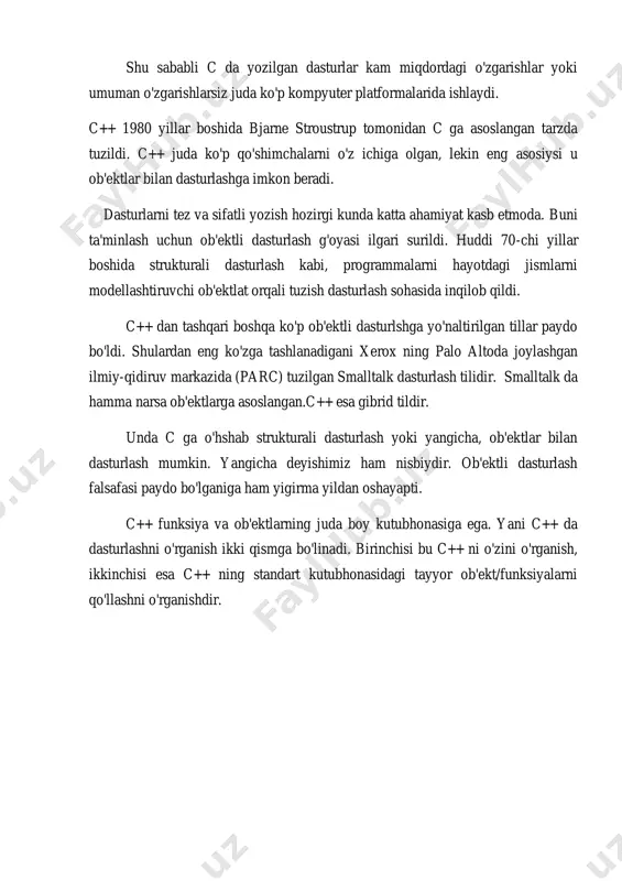 n hotira qismiga shu qiymat kodi yoziladi. o’zgaruvchi qiymatiga nomi orqali murojaat qilish mumkin, hotira qismiga esa faqat adresi orqali murojaat qilinadi. o’zgaruvchi nomi bu erkin kiritiladigan identifikatordor. o’zgaruvchi nomi sifatida xizmatchi so’zlarni ishlatish mumkin emas. o’zgaruvchilar tiplari. o’zgaruvchilarning qo’yidagi tiplari mavjuddir: char – bitta simvol; long char – uzun simvol; int – butun son; short yoki short int – qisqa butun son; long yoki long int – uzun butun son; float - haqiqiy son; long float yoki double – ikkilangan haqiqiy son; long double – uzun ikkilangan haqiqiy son; butun sonlar ta’riflanganda ko’rilgan tiplar oldiga unsigned (ishorasiz) ta’rifi kushilishi mumkin. bu ta’rif qushilgan butun sonlar ustida amallar mod 2n arifmetikasiga asoslangandir . bu erda n soni int tipi hotirada egallovchi razryadlar sonidir. agar ishorasiz k soni uzunligi int soni razryadlar sonidan uzun bulsa, bu son qiyjmati k mod 2n ga teng bo'ladi. ishorasiz k son uchun ga –k amali …