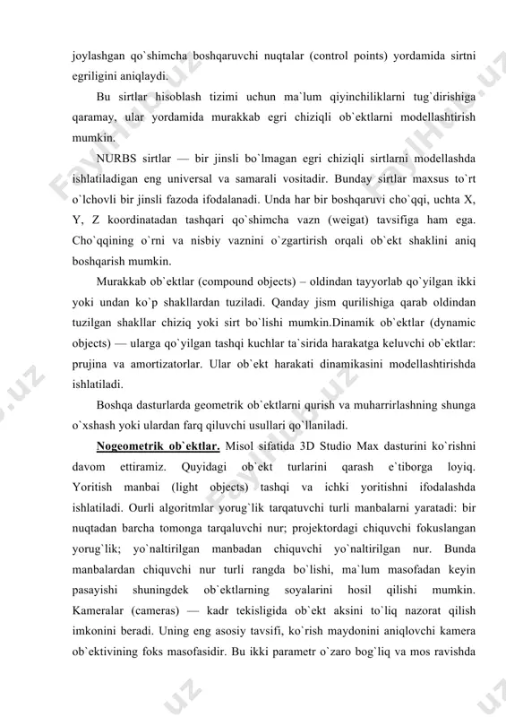 bu – ma`lum ob`ektlarga ta`sir ko`rsatuvchi kuchlar maydoni deformasiyasi, yoki ob`ekt bo`laklarini sochib yuboruvchi zarbdor to`lqinlarni keltirish mumkin. materiallar sirtning namoyishi xususiyatlarini, ya`ni sirtning sahna yoritilganligi bilan munosabatini aniqlaydi. sirtlarning quyidagi xususiyatlari materiallarning yorug`lik bilan munosabatini aniqlaydi: — rang (color); — shaffoflik (transparency); — silliqlik (shiness); — nurning sinish koeffisenti (refractive index) . rang va shaf foflik nur sochilishni aniqlaydi. sinish koef fisenti va silliqlik yordaraida sirtdan shu` lalar va nurli oynaviy qaynatish aniqlanadi. material rangini tanlashda quyidagilarni hisobga olish kerak: — materialni aniq rangini aniqlash. — rangning to`qliq dara jasi. — rangning yorug`lik dara jasi. to'plamning ilk versiyasi 3d studio dos nomi ostida 1990-yilda ishlab chiqarilgan. to'plam ishlab chiqarilishi ustida dasturchi gari yost asos solgan yost group mustaqil studiyasi shug'ullanardi. autodesk boshida faqat to'plam ishlab chiqaridh bilan shug'ullanardi. ma'nbalarda keltirilishicha gari yost o'sha davrdagi autodesk yangi loyihalari bo'yicha direktori erik lyons bilan muzaokaralardan so'ng o'z ish joyini tark etgan. …