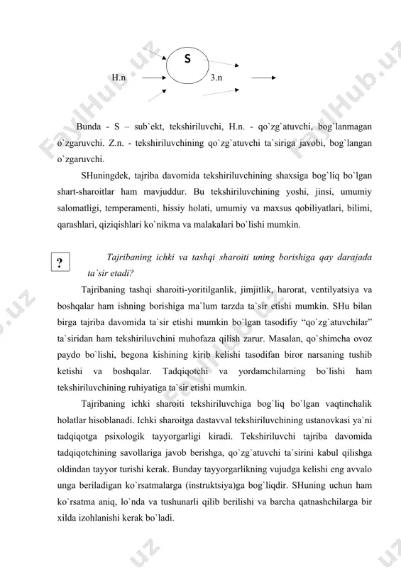 rat, ventilyatsiya va boshqalar ham ishning borishiga ma`lum tarzda ta`sir etishi mumkin. shu bilan birga tajriba davomida ta`sir etishi mumkin bo`lgan tasodifiy “qo`zg`atuvchilar” ta`siridan ham tekshiriluvchini muhofaza qilish zarur. masalan, qo`shimcha ovoz paydo bo`lishi, begona kishining kirib kelishi tasodifan biror narsaning tushib ketishi va boshqalar. tadqiqotchi va yordamchilarning bo`lishi ham tekshiriluvchining ruhiyatiga ta`sir etishi mumkin. tajribaning ichki sharoiti tekshiriluvchiga bog`liq bo`lgan vaqtinchalik holatlar hisoblanadi. ichki sharoitga dastavval tekshiriluvchining ustanovkasi ya`ni tadqiqotga psixologik tayyorgarligi kiradi. tekshiriluvchi tajriba davomida tadqiqotchining savollariga javob berishga, qo`zg`atuvchi ta`sirini kabul qilishga oldindan tayyor turishi kerak. bunday tayyorgarlikning vujudga kelishi eng avvalo unga beriladigan ko`rsatmalarga (instruktsiya)ga bog`liqdir. shuning uchun ham ko`rsatma aniq, lo`nda va tushunarli qilib berilishi va barcha qatnashchilarga bir xilda izohlanishi kerak bo`ladi. tadqiqot jarayonida tekshiriluvchi tomonidan butun imkoniyatlarini maksimal holatda safarbar etishi talab qilinadi. masalan, diqqatning hajmini, harakatlarning maksimal tezligi va aniqligini o`rganishda bu alohida ahamiyat kasb etadi. tekshiriluvchining butun imkoniyatini ishga solishi undagi …