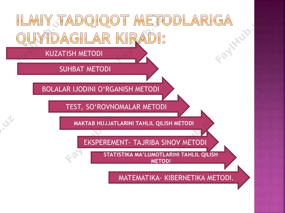 araligini oshirishga qaratiladi. shuningdek, ta`lim-tarbiya jarayonining borishini, tuzilishi va natijalarini oldindan ko`ra bilish imkoniyatini beradi. eksperiment metodi sharoitga qarab 3 xilda o`tkaziladi: 1) tabiiy eksperiment; 2) laboratoriya eksperimenti; 3) amaliy tajriba. pedagogik eksperiment o`z mazmuniga ko`ra didaktik, tarbiyaviy, maktabshunoslik muammolari yuzasidan o`tkaziladi. pedagogik eksperiment tajriba ishlarini o`tkazishda quyidagi talablar mavjud: ishning aniq, ilmiy jihatdan asoslangan farazini aniqlash va kutilishi lozim bo`lgan natija uchun reja belgilash lozim. ilmiy ish yoki pedagogik faoliyat uchun aniq obyekt belgilash, amalga oshirish borasida qo`shimcha metodlarni aniqlash. tajriba ishi o`tkazish vaqtini va muddatini belgilash. tajriba uchun lozim bo`lgan asbob-uskuna va boshqa hokazolarning tayyor turishi; eksperiment natijalarini zudlik bilan tahlil qilish va tegishli xulosa chiqarish va tavsiyalar berish kerak. eksperiment-tajriba sinov metodi pedagogik tadqiqot statistika ma`lumotlarisiz, ularning tahlilisiz o`zligini namoyon eta olmaydi. chunki nafaqat ilmiy izlanishlar borasidagi, balki xalq ta`limi sohasidagi, jumladan, ajratilgan mablag’larning oshirilishi, xalq ta`limi muassasalarinng doimo o`sib borishi, darslik va o`quv qo`llanmalari, xo`jalik shartnomalari …