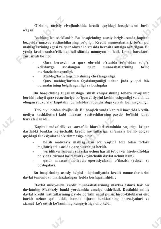 tashki bozordagi iqtisodiy munosabatlar mexanizmini osonlashtiradi va tezlashtiradi. bu masalani hal etishda tijorat krediti zamonaviy tovar almashinishining kerakli elementi sifatida muhim o’rin tutadi. kreditning obyekti - bu (kreditor) qarz beruvchidan qarz oluvchiga beriladigan qiymatdir. boshqacha aytganda kredit aynan qaysi maqsad uchun berilsa, shu kredit obyekti hisoblanadi. qishloq xo’jaligida banklar dehqonchilik va chorvachilik harajatlari - mineral o’g’it, yoqilg’i va moylash materiallari va boshqa harajatlar kreditlanadi. kredit munosabatlarining subyektlari bo’lib (qarz beruvchi) va qarzdor (qarz oluvchi)lar hisoblanadi. boshqacha aytganda kreditlash subyektlari bo’lib davlat korxona va tashkilotlari, qurilish tashkilotlari, savdo tashkilotlari, fermer va shirkat xo’jaliklari, yakka mehnat faoliyati bilan shug’ullanuvchi tadbirkorlar, qo’shma korxonalar, mikro firmalar, birlashmalar, tijorat banklar va boshqalar hisoblanadi. yuqoridagi subyektlar kredit oluvchi sifatida faoliyat ko’rsatsa, tijorat banklari yoki boshqa kredit muassasalari kredit beruvchi subyekt sifatida namoyon bo’ladi. 2. kredit munosabatlari rivojlanishining asosiy bosqichlari. kredit resurslari. o’zining tarixiy rivojlanishida kredit quyidagi bosqichlarni bosib o’tgan: boshlang’ich shakllanish. bu bosqichning asosiy belgisi ssuda …