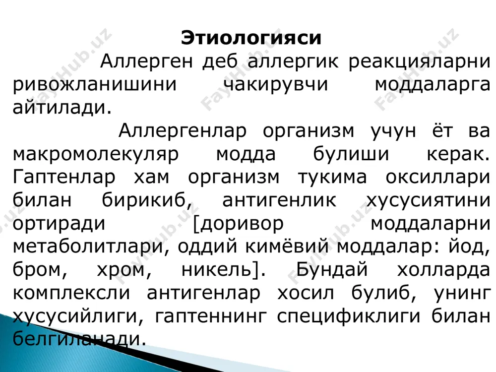 sezuvchan bulib koladi. shu antigen organizmga tushganda antigen-antitelo kompleksi xosil bulib, keyingi boskichni rivojlanishini ta'minlaydi. ii boskich: patologik boskich bu boskichda antigen +antitelo [antigen +sensibilizatsiyalangan+t-limfotsit]lar ta'sirida ruy beradigan murakkab bioximik jarayonlar natijasida tayyor va yangidan sintezlangan biologik aktiv moddalar ajralib chikadi. iii boskich: patofiziologik boskich mediatorlar ta'sirida organizm tukima organlarini va xujayralarini bergan javob reaktsiyalari majmuasi ruy beradi. mediatorlar ta'sirida kon tomirlar devorining utkazuvchanligini ortishi, natijada kon tomirdan tashkariga suyuklikni ajralishi kuchayib, shish xosil bulib, seroz yalliglanishiga sabab buladi. agar patologik jarayon shillik kavatlarda bulsa gipersekretsiya buladi. nafas organlari sistemasida bronxospazm bronxiolalar devorini shishini gipersekretsiya natijasida nafas olish uta kiyinlashadi [ekspirator xansirash]. patoximik boskichi: ichki ta'siri va tashkariga chikib ketishi natijasida kator mediatorlar xosil bulib, kompleksni fagotsitoz kilinishiga va xazm bulishiga shart-sharoitlar yaratib beradi. anafilaksiya sensibilizatsiyalangan organizmga shu sensibilizatsiyani chakirgan yot oksilni kayta parentral yul bilan kiritilganda sezuvchanlikni uta ortishi bilan boradigan jarayonni rishe va porte anafilaksiya deb nomlagan. anafilaksiya …
