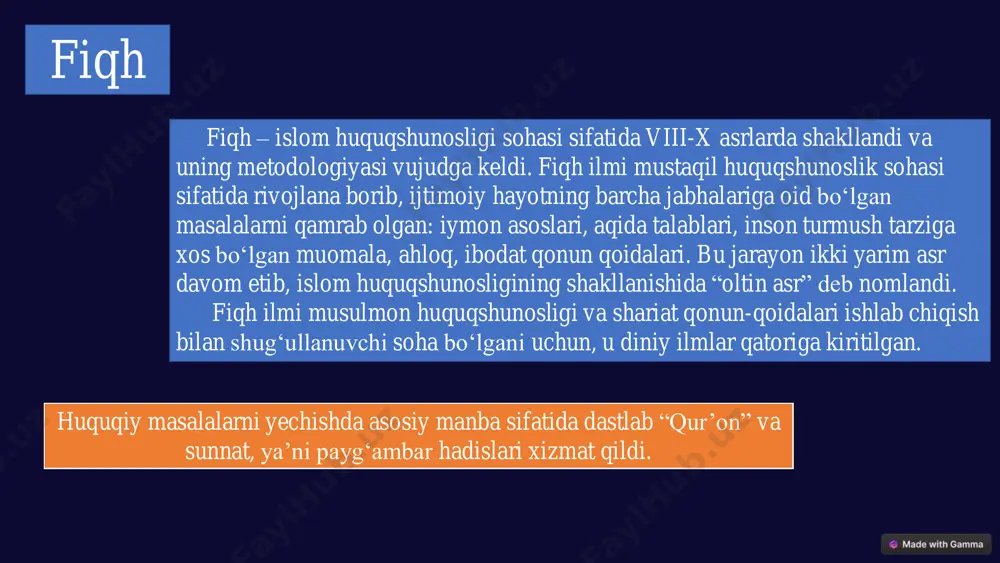 afdorlari islom huquqidagi qiyos va raʼyni toʻla maʼqullamaydi, qurʼon, sunna va ijmoni asosiy manba deb biladi. tarqalishi suriya va misrda shakllangan, yaqin sharq,misr, indoneziya, shimoliy kavkaz, sharqiy afrika mamlakatlarining baʼzilarida ahamiyati ushbu maktab fiqh huquqining rivojida muhim o'rin egallaydi. shofiʼiylik — sunniylikdagi diniy-huquqiy mazhablardan biri. muhammad ibn idris ash shofiʼiy asos solgan. shofiʼiylik tarafdorlari islom huquqidagi qiyos va raʼyni toʻla maʼqullamaydi, qurʼon, sunna va ijmoni asosiy manba deb biladi. hanafiylikka qoʻshimcha manba sifatida amal qilib kelingan "istihson" qoidasi ham rad etilgan. shofiʼiylik dastlab suriya va misrda shakllangan, oʻrta asrlarga kelib yaqin sharq mamlakatlarida keng tarqalgan. hozirgi vaqtda misr, indoneziya, shimoliy kavkaz, sharqiy afrika mamlakatlarining baʼzilarida, qisman suriyada va jan. arab sultonliklarida eʼtiqod va ibodatga doir amallarni shofiʼiylik mazhabi boʻyicha bajaruvchi musulmonlar bor. hanbаliy mazhabi hanbаliy maktabi qurʼon va hadis matnlariga qattiq rioya qilish bilan ajralib turadi. hanbaliya-sunniylikdagi diniy-huquq mazhablardan biri. uning asoschisi va imomi axmad ibn hanbaldir (780-855) qat'iylik hanbаliy …