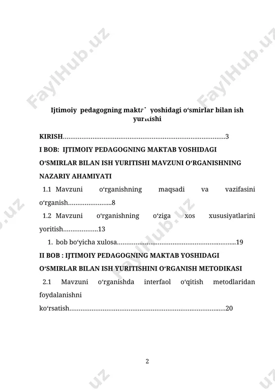 ashga ixtisoslashgan 1 ta xorijiy va 4 ta mahalliy oliy ta’lim muassasasi faoliyati yo‘lga qo‘yildi, mazkur ta’lim sohasi bo‘yicha xorijiy davlatlar bilan qo‘shma ta’lim dasturlari tashkil etildi. mavzuni o‘rganilganlik darajasi: maktab yoshidagi o‘smirlar bilan ijtimoiy pedagogik ish olib borish maktabgacha tarbiya muassasalaridagi ijtimoiy pedagogik ishdan tubdan farq qiladi. bu faoliyat o‘quvchilarning doimiy kamol topishlari va ta’lim olishlariga bog‘liq. maktabdagi ijtimoiy pedagogik faoliyatning barcha jihatlarini bir bobda ochib berishning iloji yo‘q, shuning uchun biz eng muhim vaziyatlarini ochib berishga harakat qilamiz. respublikamizda maktab o‘quvchilari bilan ijtimoiy pedagogik ish olib borish rivojlanmoqda. u qisman moziy tajribasi, qisman zamonaviy pedagogik tibbiy, psixologik, yuridik faoliyat turlariga tayanib ish olib bormoqda. so‘nggi yillarda pedagogik jamoalar ham paydo bo‘lib, ularda maktab nafat ta’lim-tarbiya masalalarini balki o‘quvchining boshqa bir qator ijtimoiy muammolarini ham yechmoqda. davlatimizdagi o‘zgarishlar mavjud ta’lim tizimiga ham o‘z ta’sirini ko‘rsatdi. umumta’lim maktabi o‘zining o‘quv, tarbiya va ijtimoiy funksiyalarini ko‘rib chiqib birinchi o‘ringa quyidagi ijtimoiy …
