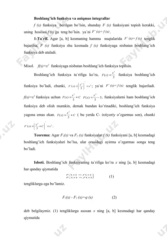 f(x)+c ko’rinishga ega bo’ladi. 2-ta`rif. agar f(x) funksiya f(x) funksiya uchun boshlang’ich bo’lsa, f(x)+c ifoda f(x) funksiyadan olingan aniqmas integral deb ataladi va simvol bilan belgilanadi. demak, ta`rifga ko’ra bo’lsa, = f(x)+c bo’ladi, bu yerda f (x) funksiya- integral ostidagi funksiya f (x)dx - integral ostidagi ifoda ishora - integral ishorasi deyiladi. shunday qilib, aniqmas integral y=f(x)+c funksiyalar to’plamidan iborat ekan. geometrik nuqtai nazaridan qaraganda aniqmas integral egri chiziqlar to’plamidan (oilasidan) iborat bo’lib, ularning har biri egri chiziqlardan bittasini o’z-o’ziga parallel holda oy o’q bo’ylab siljitish yo’li bilan hosil qilinadi. agar f(x) funksiya [a, b] kesmada uzluksiz bo’lsa, bu funksiya uchun boshlang’ich funksiya (aniqmas integral) mavjud bo’ladi. 1. aniqmas integralning hosilasi integral ostidagi funksiyaga teng, ya`ni bo’lsa, u holda (4) 2. aniqmas integralning differensiali integral ostidagi ifodaga teng: (5) 3. biror funksiya differensialining aniqmas integrali shu funksiya bilan ixtiyoriy o’zgarmas sonning yig’indisiga teng; asosiy formulalar jadvali. masalan aniqmas integralning xossalari …