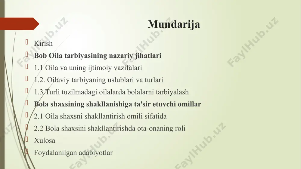 ari va turlari har bir oila ob'ektiv ravishda ma'lum, har doim ham ongli bo'lmagan ta'lim tizimini rivojlantiradi. bu erda biz ta'lim maqsadlari va ta'lim usullarini tushunish , bolaga nisbatan nimaga yo'l qo'yish mumkin va mumkin emasligini ko'rib chiqishni nazarda tutamiz. oilada tarbiyaning 4 ta taktikasini va ularga mos keladigan oilaviy munosabatlarning 4 turini ajratib ko'rsatish mumkin, ular yuzaga kelishining sharti va natijasidir: diktat, vasiylik, "aralashmaslik" va hamkorlik. turli tuzilishdagi oilalarda bolalarni tarbiyalash. ushbu hisobda ikkita eng keng tarqalgan nuqtai nazar mavjud. birinchidan, yagona bola boshqa bolalarga qaraganda hissiy jihatdan barqaror, chunki u aka-uka raqobati bilan bog'liq hayajonni bilmaydi. ikkinchidan: yolg‘iz bola aqliy muvozanatga ega bo‘lishi uchun odatdagidan ko‘ra ko‘proq qiyinchiliklarni yengib o‘tishi kerak, chunki unga ukasi yoki opasi yetishmaydi. psixologlar nima deyishidan qat'i nazar, bitta - oiladagi yolg'iz farzandning hayoti ko'pincha shunday rivojlanadiki, bu, ikkinchidan, nuqtai nazarni aniq tasdiqlaydi. biroq, qiyinchiliklar muqarrar emas, lekin ular shunchalik tez-tez sodir bo'ladiki, ularga …