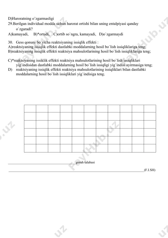 si yig‘indisi sistemaning komponentlar soni k ga teng b)komponentdan iborat sistema soni k ga teng c)izolayatsiyalangan komponentlar soni o’zaro teng d)har doim n.sh da komponentlar soni ko’p bo’ladi 20.ion harakati absolyut tezligining faradey soniga ko‘paytmasi … deb ataladi. a)ionning harakatchanligi, b)ion holati, c)ion kuchi,d)ion tezligi 21.suvdagi eritmalari elektr tokini o‘tkazuvchi moddalar a)elektrolitlar, b)kukun, c)ko’pik, d)tuz 22. nur energiyasi moddada nima holida yutiladi? a)uzluksiz , b)sekin, c)tez, d)kvantlar holida yutiladi 23. termodinamik parametrlarga nimalar kiradi? a)#harorat, bosim va hajm, b)harorat, c)bosim, d)hajm 24. “termodinamika” qanday munosabatni o’rgatadi? a)harakat, b)issiqlik, c)energiya, d)#issiqlik va ish 25. termik parchalanish nima? a)bosim ta’sirida, b)vakuumda, c)kosmosda ,d) #yuqori haroratda parchalanish 26. qanday moddalar elektr tokini o’tkazmaydi? a)* noelektrolitlar , b)tuzlar, c)qum, d)elektrolit 27.entalpiya nima? a#)foydali ish hosil qiladigan energiya b)ahamiyatsiz energiya c)zapas energiya d)chin energiya 28. elektr o’tkazuvchanlik turlarini ko’rsating? a)ion elektr o’tkazuvchanlik b)nur elektr o’tkazuvchanlik c)# ekvivalent va solishtirma elektr o’tkazuvchanlik d)neytral elektr o’tkazuvchanlik 29. …