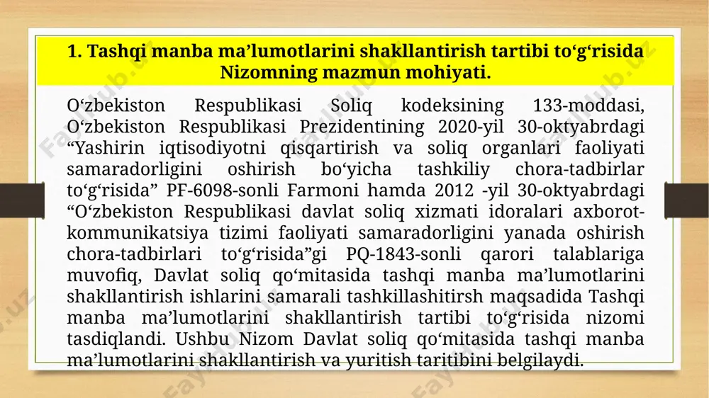 exnologik yo‘riqnoma – elektron axborot almashinuvini yo‘lga qo‘yish bo‘yicha tuziladigan, ma’lumotlarning hajmi, formati, texnik tavsifi, axborot xavfsizligi talablarini belgilaydigan ikki yoki ko‘p tomonlama tasdiqlanadigan hujjat. iaat – idoralararo axborot almashish tarmog‘i. mazkur nizomda vazirlik va idoralar o‘rtasida ma’lumot almashinuvini yo‘lga qo‘yish tartibi ishlab chiqildi, vazirlik va idoralar bilan hamkorlik bo‘yicha amalga oshiriladigan tashkiliy ishlar belgilandi. 2. «tashqi manba» axborot tizimining maqsadi va vazifalari o‘zbekistan respublikasi prezidentining 2012-yil 30-oktyabrdagi «o‘zbekiston respublikasi davlat soliq xizmati idoralari axborot- kommunikatsiya tizimi faoliyati samaradorligini yanada oshirish chora- tadbirlari to‘g‘risida»gi pq 1843-sonli qarori bilan dsqning axborot-tahlil bosh boshqarmasining asosiy vazifalari va faoliyat yo‘nalishlaridan biri sifatida: soliq to‘lovchilar tomonidan soliq majburiyatlarining bajarilishini kameral nazorat qilish, shuningdek davlat soliq xizmati idoralariga yuklatilgan vazifalarning ijrosini nazorat qilish uchun axborot ta’minoti; davlat soliq qo‘mitasi va boshqa vazirliklar hamda idoralar o‘rtasida, jumladan aloqa kanallari orqali elektron axborot almashinuvini tashkil etish belgilangan. yuqoridagi qarorga muvofiq, davlat soliq qo‘mitasining ma’lumotlar yagona axborot bazasini …