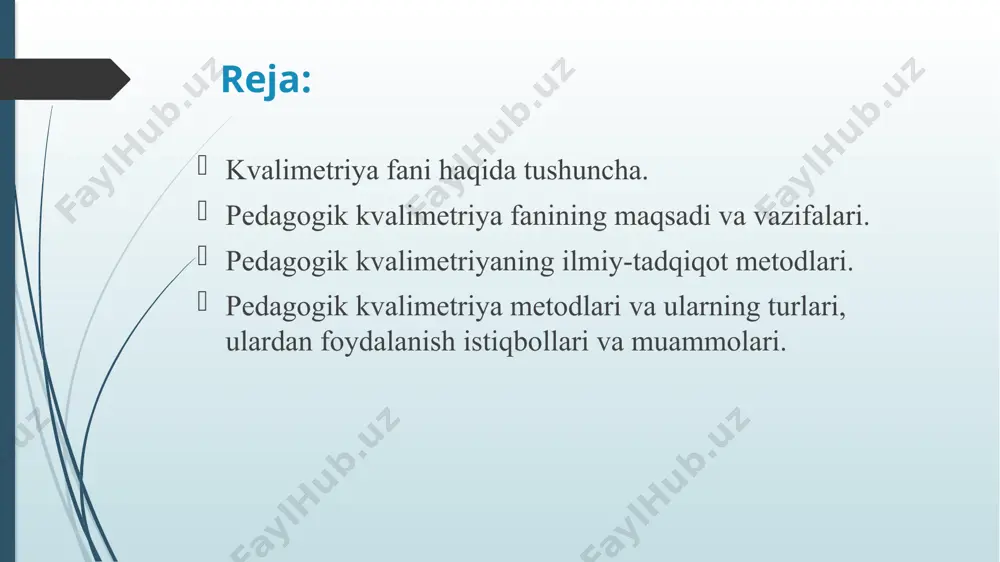 islash va miqdoriy baholash eramizdan avvalgi xv-asrda yo‘lgan qo‘yilgan bo‘lib, dastlab hunarmandlar o‘z mahsulotlari sifatini belgilaydigan ko‘rsatkichlarni aniqlagan va sifat belgilarini qo‘ya boshlaganlar. shu tariqa sifat ko‘rsatkichlariga asoslangan tovarshunoslik vujudga kelgan va 1549 yili italiyadagi paduan universitetida dastlabki tovarshunoslik kafedrasi tashkil etilgan. xix-xx- asrning boshlarida aqsh va yevropa mamlakatlarida ob’ekt va mahsulotlarni ballar vositasida baholash va standartlashtirish yo‘lga qo‘yildi. shu tariqa boshqa mamlakatlarda ham sifat ko‘rsatkichlarini aniqlash va amaliyotga qo‘llash borasida muayyan ishlar amalga oshirila boshlandi. bu harakatlar kvalimetriyaning ilmiy fan sifatida maydonga chiqishiga va tadqiqot ko‘lami kengayishiga turtki bo‘ldi kvalimetriya tarmoqlari nazariy (umumiy) maxsus amaliy nazariy kvalimetriyada aniq obyekt loyihalanadi va uning sifat ko‘rsatkichlarining umumiy qonuniyatlari va matematik modellari o‘rganiladi. nazariy kvalimetriyaning tadqiqot ob’ekti jism, ishlab chiqarish mahsulotlari, ob’ekt va sub’ektlarning sifatini miqdoriy baholashning falsafiy va metodologik asoslarini ishlab chiqish sanaladi. nazariy kvalimetriyaning amaliy sohalarida turli ob’ekt va jarayonlarning sifatini baholash metodikasi va nazariy asoslari umumiy xususiyatga ega. maxsus …