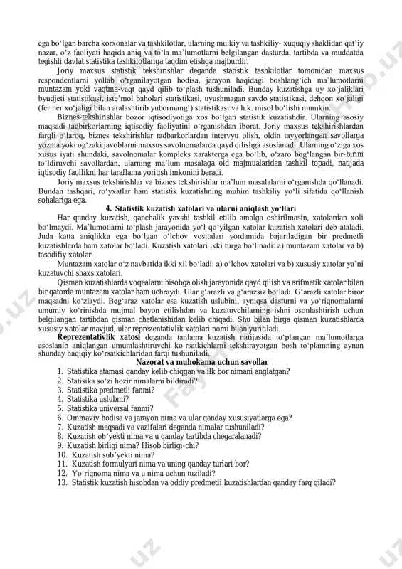 yxatida har bir daraxt turi haqida batafsil ma’lumotlar to‘planadi. bu holda xo‘jalik, korxona kuzatish birligi bo‘lsa, uning o‘rganilayotgan har bir predmeti hisob birligidir. kuzatish dasturi (programmasi) deb o‘rganilayotgan hodisa, ob’yekt haqida ma’lumot to‘planadigan belgilar ro‘yxati yuritiladi. boshqacharoq aytganda, kuzatish dasturi kuzatish jarayonida javoblar olinishi lozim bo‘lgan savollar to‘plami (ro‘yxati)dir. u qanchalik to‘g‘ri tuzilsa, tekshirish natijalari shunchalik yaxshi chiqadi. yo‘riqnoma kuzatish dasturida ko‘zlangan belgilarni bir xil tashkil etish va tushunishni ta’minlash maqsadida tuziladi. unda kuzatish maqsadi va vazifalari, uning ob’yekti va birligi, ma’lumotni qayerdan va kimdan olish, kuzatish muddati, hujjatlarni rasmiylashtirish tartibi, ma’lumotlar tegishli bo‘lgan davr (hisobot davri) ko‘rsatkichlarni hisoblash tartibi va shunga o‘xshash kuzatilayotgan ob’yekt bilan bevosita bog‘liq bo‘lgan masalalar yoritiladi. yo‘riqnomalar odatda ko‘p mutaxassislar ishtirokida puxta tuziladi. yo‘riqnoma har bir statistik formulyar uchun alohida tuziladi. kuzatish ma’lumotlari qayd qilinadigan hujjat statistik formulyar deb ataladi. u har xil nom bilan yuritiladi, jumladan hisobot formasi, ro‘yxatga olish varaqasi, so‘roqnoma (anketa), tabel, …