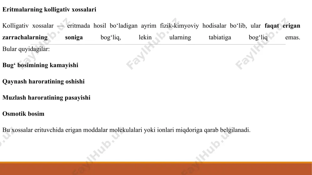 mos deyiladi. yarim oʻtkazuvchi pardalarni polimer materialdan (mas, kollodiydan) yoki iviqsimon choʻkindilardan (mas, mis ferrotsianid cu2[fe(cn)6] choʻkmasidan) tayyorlash mumkin. o. polimerlarning molekulyar tavsifini aniqlashda, eritmalarni konsentratsiyalashda, baʼzi bir polimer materiallar olishda, yuqori minerallashgan suvlarni tozalashda qoʻllanadi. o. hodisasi oʻsimlik va hayvon organizmlarida nihoyatda katta ahamiyatga ega, chunki organizmdagi har qaysi hujayra yarimoʻtkazgich vazifasini bajara oladi. bir xil osmotik bosimga ega boʻlgan eritmalar izotonik eritmalar deyiladi. agar eritmalarning osmotik bosimi ichki xujayra su-yukligining osmotik bosimidan katta boʻlsa, gipertonik, kichik boʻlsa gipotonik eritmalar deyiladi. bir eritma maʼlum bir turdagi hujayra uchun gipertonik, boshqasi uchun izotonik, uchinchisi uchun gipotonik boʻlishi mumkin. tibbiyotda, odatda, izotonik eritmalar, ammo baʼzan gipertonik eritmalar (jarohatlarni bogʻlov bilan bogʻlashda) ham qoʻllanadi. daraxtlarda suv ham o. tufayli yuqoriga koʻtariladi osmos hodisasi ta’rif: osmos — bu yarim o‘tkazuvchi membrana orqali erituvchining konsentratsiyasi kam bo‘lgan muhitdan konsentratsiyasi yuqori bo‘lgan muhitga o‘tishi jarayoni. mexanizmi: erituvchining molekulalari membrana orqali o‘tib, eritmani suyultiradi va muvozanatga …