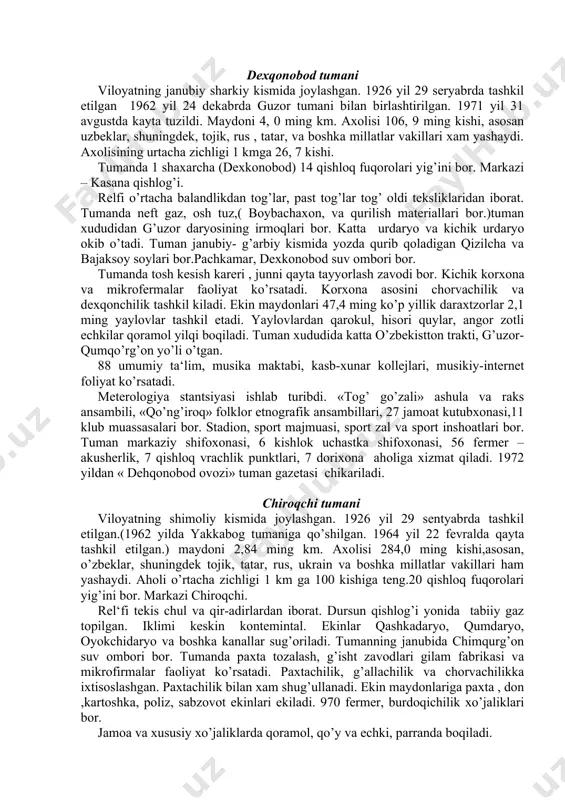 hlokda paxtachilik , gallachilik va chorvachilik yetakchi urinda . tumanda fermer dexkon xujaliklari 6 fermer uyushmasi, xamda nasilchilik va korakulchilikka ixtisoslashgan xujalik bor.sugoriladigan maydonlarga paxta, galla, sabzavot va poliz,em-xashak ekinlari ekiladi, 142 ga gektar maydonli boglar ekilgan. tuman jamoa va xususiy xujaliklarida koramol, kuy va echki, parrandasida bokiladi. 30 umumiy ta‘lim maktabi, sanoat kasb-xunar maktabi bor. 9 jamoat kutubxonasi, 3 klub muassasasi, 2 yoshlar klubi mavjud 2001 yildan «yangi asr» temistudiyasi ishlab turibdi, yoshlar sport majmuasi, tennis korti, markazi stadion va futbol maydonlari faoliyat kursatadi. tuman markaziy kasalxonasi va uning 12 bulimi kishlok vrachlik, feldmer-akumerlik punkidlari xamda bulib tibbiy muassasalar axolisiga xizmat kursatadi. tuman xududidan temir yul utgan . muborak –koson, muborak –karshi, muborrak –buxoro va boshkalar yunalishlarda avtobuslar katnaydi. 1980 yildan «muborak xayoti» tuman gaz chikariladi. dexqonobod tumani viloyatning janubiy sharkiy kismida joylashgan. 1926 yil 29 seryabrda tashkil etilgan 1962 yil 24 dekabrda guzor tumani bilan birlashtirilgan. 1971 yil …