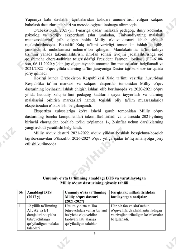 orilmoqda va 2020-2021 o‘quv yilida hududiy xalq ta’limi pedagog kadrlarni qayta tayyorlash va ularning malakasini oshirish markazlari hamda tegishli oliy ta’lim muassasalarida ekspertizadan o‘tkazilishi belgilangandi. ekspertiza xulosalariga ko‘ra ishchi guruh tomonidan milliy o‘quv dasturining barcha komponentlari takomillashtiriladi va u asosida 2021-yilning birinchi choragidan boshlab to‘liq to‘plamda 1-, 2-sinflar uchun darsliklarning yangi avlodi yaratilishi belgilandi. milliy o‘quv dasturi 2021-2022 o‘quv yilidan boshlab bosqichma-bosqich tajriba-sinovdan o‘tkazilib, 2026-2027 o‘quv yiliga qadar to‘liq amaliyotga joriy etilishi kutilmoqda. umumiy o‘rta ta’limning amaldagi dts va yaratilayotgan milliy o‘quv dasturining qiyosiy tahlili № amaldagi dts (2017 y) umumiy o‘rta ta’limning milliy o‘quv dasturi (2021-2027) farqi/takomillashtirishdan kutilayotgan natijalar 1 12 yillik ta’limning a1, a2 va b1 darajalari bo‘yicha bitiruvchilarga qo‘yiladigan malaka talablari umumiy o‘rta ta’lim bitiruvchilari va har bir sinf bo‘yicha o‘quvchilar faoliyati natijalariga qo‘yiladigan talablar har bir fan va sinf uchun o‘quvchilarda shakllantiriladigan va rivojlantiriladigan ko‘nikmalar belgilanadi. 2 umumta’lim fanlari kontsepsiyalari barcha fanlarning konsepsiyalari orqali fanning maqsad …