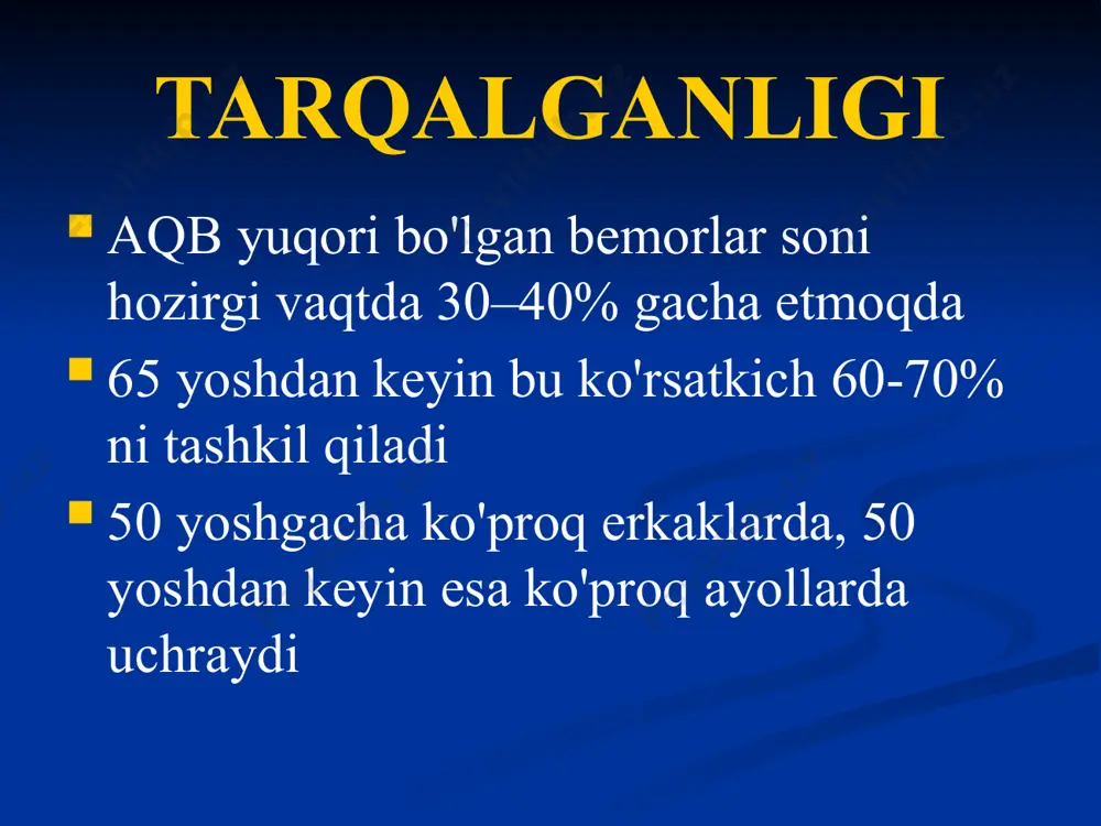 5-sariq dog' sohasida bukilgan venlar (gvist simptomi) gipertonik retinopatiya: to'rpardadagi «laxtasimon» ekssudatlar, arteriyalar torayishi (j.d. swales) gipertonik retinopatiya: venalar trombozlari to'rparda gemorragiyalar (j.d. swales) gipertonik retinopatiya: ko'ruv nervi diskining shishi (j.d. swales) asoratlari gipertoniya krizlari miya qon aylanishining buzilishlari miokard infarkti nefroskleroz (birlamchi buyrak bujmayishi) yurak etishmovchiligi aorta anevrizmi davolashning asosiy tamoyillari aqbni optimal darajada ushlash nishon a’zolarini himoyalash risk omillarini bartaraf qilish dorilarsiz davolash - ortiqcha vaznni kamaytirish. - giperlipidemiya korrektsiyasi. - osh tuzini meyorlash. - alkogol istemol qilmaslik. - chekmaslik. - jismoniy faollikni oshirish. antigipertenziv dori vositalari β-adrenoblokatorlar noselektiv propranalol nadolol selektiv atenolol bisoprolol metoprolol kaltsiy antagonistlari digidropiridinlar nifedipin amlodipin isradipin fenilalkilaminlar verapamil benzodiazepinlar diltiazem apf ingibitorlari aktiv shakllari kaptopril lizinopril dori o’tmishdoshlari enalapril ramipril angiotenzin ii retseptorlari blokatorlari bifeniltetrazollar lazortan irbesartan nonbifeniltetrazollar eprosartan nogeterotsiklik blakatorlar valsartan diuretiklar tiazidlar gidroxlortiazid qovuzloq diuretiklari furosemid kaliy saqlovchilar spironolakton α-adrenoblokatorlar prazozin doksazizin terazozin markaziy ta’sir qiluvchilar klonidin rezerpin metildopa image1.png image2.png …