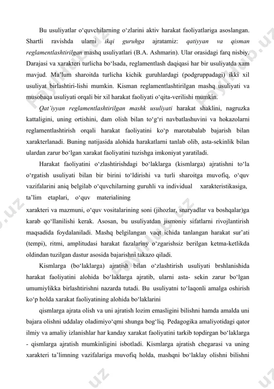 ish bilan o‘zlashtirish usuliyati brshlanishida harakat faoliyatini alohida bo‘laklarga ajratib, ularni asta- sekin zarur bo‘lgan umumiylikka birlashtirishni nazarda tutadi. bu usuliyatni to‘laqonli amalga oshirish ko‘p holda xarakat faoliyatining alohida bo‘laklarini qismlarga ajrata olish va uni ajratish lozim emasligini bilishni hamda amalda uni bajara olishni uddalay oladimiyo‘qmi shunga bog‘liq. pedagogika amaliyotidagi qator ilmiy va amaliy izlanishlar har kanday xarakat faoliyatini tarkib topdirgan bo‘laklarga - qismlarga ajratish mumkinligini isbotladi. kismlarga ajratish chegarasi va uning xarakteri ta’limning vazifalariga muvofiq holda, mashqni bo‘laklay olishni bilishni taqazo etadi. bir butun tarkibdagi alohida elementlar orasida belgilangai munosabatlar o‘rnatiladi. bir butun bo‘lishni aniqlash faqat uni qismlarga ajratishni anglash, bir butun bo‘lish qonuniyatlarini bilish orqali amalga oshiriladi. bo‘laklarga bo‘lish kismlarga ajratib o‘rgatish usuliyatining xarakterli belgisi hisobdlanadi. u butun bir xarakat faoliyatini egallashni yengllashtiruvchi boshlang‘ich bir etap xolos, yakuni bo‘lib harakatni to‘la o‘rganish tushuniladi. yakunida o‘quvchilar harakat faoliyatini boshlanishidan oxirigacha bir butun deb qabul kilishlari lozim. bu qo‘shilishning ijrosida …