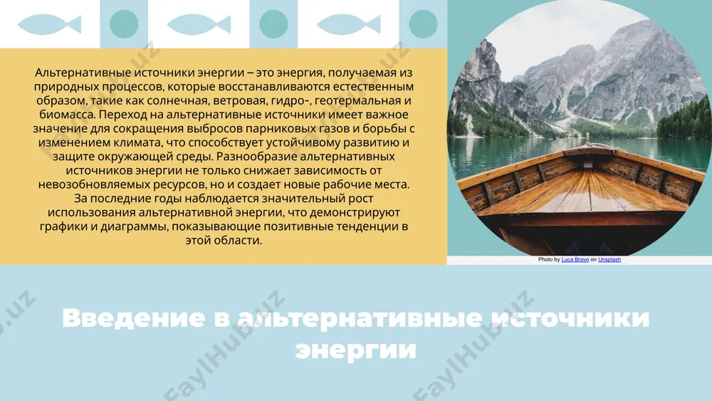 tva, obespechivaya rabochie mesta i elektroenergiyu, no takje mogut vizivat konflikti s mestnimi jitelyami iz-za izmeneniya landshafta. photo by diego jimenez on unsplash photo by nils nedel on unsplash geotermalnaya energiya: ustoychiviy resurs geotermalnaya energiya – eto energiya, poluchaemaya iz vnutrennego tepla zemli. osnovnie istochniki geotermalnoy energii vklyuchayut goryachie istochniki, geotermalnie rezervuari i vulkanicheskuyu aktivnost, chto delaet eyo dostupnoy v raznix regionax mira. preimushestva geotermalnoy energii vklyuchayut visokuyu dostupnost resursov, tak kak oni rasprostraneni po vsemu miru, i nizkie ekspluatatsionnie rasxodi. etot vid energii yavlyaetsya ekologicheski chistim, chto snijaet vibrosi ugleroda i podderjivaet ustoychivoe razvitie, delaya ego privlekatelnim viborom dlya mnogix stran. geotermalnaya energiya naxodit primenenie v otoplenii zdaniy, virabotke elektroenergii i selskom xozyaystve, osobenno v teplitsax. krome togo, etot istochnik aktivno ispolzuetsya dlya obespecheniya teplom kurortov i spa, demonstriruya svoyu universalnost. strani, takie kak islandiya, ssha i filippini, aktivno ispolzuyut geotermalnuyu energiyu. v islandii, naprimer, bolee 90% domov otaplivayutsya …