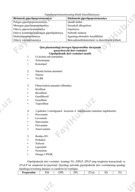 'rganish talabalarning yurak-qon tomir tizimi fiziologiyasi, patofiziologiyasi, ichki kasalliklar propedevtikasi, terapiya gipolipidemik dori vositalarining klinik farmakologiyasi to'g’risida bilimlariga asoslangan. mashg’ulot davomida olingan bilimlar ular tomonidan uash tayorlash bo'yicha terapiya, xirurgiya, akusherlik va ginekologiya fanlarida foydalaniladi. 1.mashg’ulotning tarkibi amaliy mashg’ulot 1. kirish kismi 2. nazariy qism 3.analitik kism -test va vaziyatli masalalar 4. amaliy kism 3.1. nazariy qism giperlipidemiya – ateroskleroz rivojlanishining asosiy sababidir. rivojlangan va rivojlanyotgan mamlakatlarda yurak kon-tomir sistemasining ateroskleroz bilan shikastlanish axoli orasidagi nogironlik va ulimga olib keluvchi asosiy sababi xisoblanadi. bu muammoni xal etish – ateroskleroz rivojlanishida asosiy xavf omil bulgan giperlipidemiyani korrektsiya kilishdan iboratdir. lipidlarning asosiy sinflari: triglitseridlar (tg), fosfolipidlar va xolesterin (xs) bular oksil bilan boglangan lipoproteinlar va oksil bilan boglanmagan erkin yog kislotalari shaklida buladi. xamma lipoproteidlar 4 ta sinfga ajratiladi: • xilomikronlar • zichligi juda past lipoproteinlar (zjplp) • zichligi past lipoproteinlar (zplp) • zichligi yukori lipoproteinlar (zyulp) giperlipoproteinemiyaning klinik klassifikatsiyasi. birlamchi giperlipoproteinemiya …