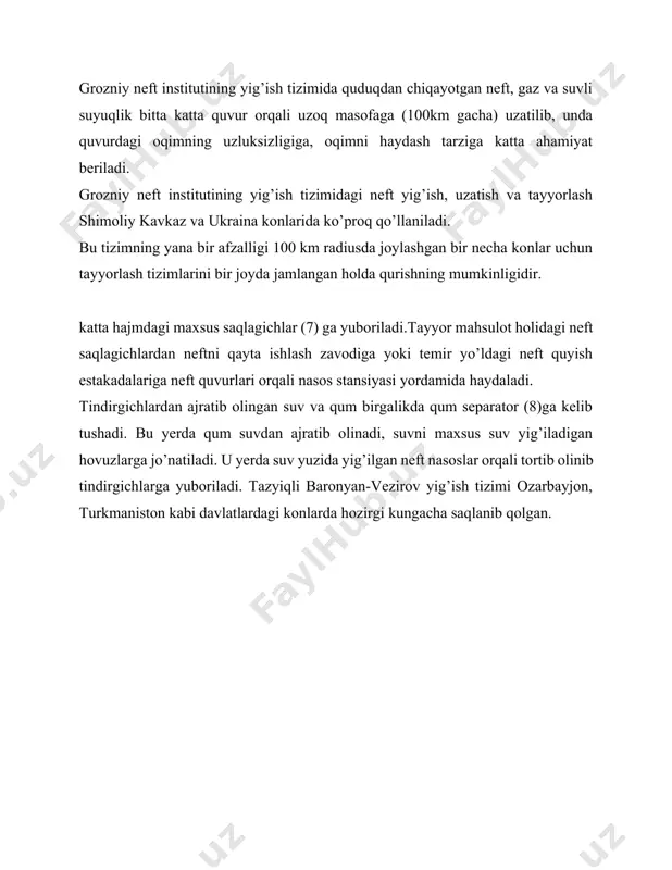 ; 4- nasos stansiyasi; 5-gqiz; 6-neftni tayyorlash qurilmalari; 7-nqiz bu yig’ish tizimi qo’llanilganda quduqlar ustida 1-1,2 mpa atrofida bosim saqlanib turiladi. quduqlarning (1) mahsuloti guruxiy o’lchov qurilmasidan (2) o’tganidan so’ng birinchi bosqich gazsizlantirish qurilmasiga (3) yetib keladi. bu yerda ajratib olingan gaz o’z bosimi bilan 60-80 km masofagacha uzoqlikda bo’lgan gazni qayta ishlash zavodiga (5) yuboriladi, neftni nasos stansiyasi (4) orqali markaziy neft yig’ish punktida hisobdan o’tkazilib, neftni tayyorlash qurilmalarida 19 (6) tayyor mahsulot holiga keltirilib iste’molchilarga jo’natiladi. giprovostok tizimi ko’proq rossiyaning volga bo’yi, ural oldi konlarida hamda tatariston, boshqirdiston konlarida keng qo’llaniladi. yuqorida ko’rib chiqilgan neft yig’ish, tayyorlash va uzatish tizimlari ma’lum bir shart – sharoitlarga (quduqlarni ishlatish usuli va quduq usti bosimi), geografik hududlarga, bu hududlarning geografik muhitning tabiiy sharoitlari (o’rmonzorlar, botqoqliklar, doimiy muzlik va h.k.) ga mo’ljallanib yaratilgan. bulardan tashqari, har qanday shart-sharoitlarga mo’ljallangan neft yig’ish, tayyorlash va uzatish universal tizimining kondan olinayotgan mahsulotni (neft, gaz kondensat) …