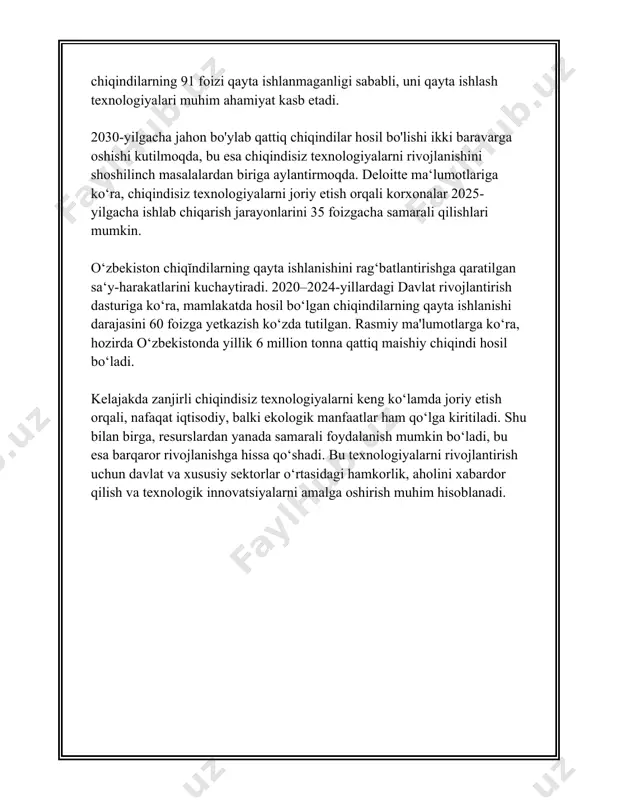 teng bo'ldi. qayta tiklanuvchi energiya manbalariga sarmoya 2017-yilda 242 milliard dollar bo'lsa, 2020-yilda bu raqam 303 milliard dollarni tashkil etdi. xitoy dunyodagi eng katta investitsiya qo'yuvchi hisoblanadi, undan keyingi qatorlarda aqsh va yevropa ittifoqi turadi. kelajakda, qayta tiklanuvchi energiya manbalarining ulushi energiya balansida oshishi kutilmoqda. xalqaro energiya agentligi 2050-yilga kelib, qayta tiklanuvchi energiya manbalaridan olinadigan elektr energiyasining global ulushi 70% gacha oshishi mumkinligini bashorat qiladi. bu atrof-muhitni himoya qilish, iqlim o'zgarishini kamaytirish va energiya xavfsizligini ta'minlash uchun muhim ahamiyatga ega bo'ladi. qemning tarqalishi davlat siyosati, texnologik taraqqiyot, va iqtisodiy rag'batlantirish bilan bog'liq. shu bilan birga, infrastrukturani rivojlantirish, energiya saqlash texnologiyalarini yaxshilash va bozor talablarini qondirish ham zarur masalalardan biri hisoblanadi. 3. qayta ishlash usullarini optimallashtirish. qayta ishlash usullarini optimallashtirish bo'yicha ma'lumotlar quyidagicha bo'lishi mumkin: 1. **energiya samaradorligini oshirish**: qayta ishlash jarayonlarida energiya sarfini kamaytirish uchun turli usullar qo'llaniladi. masalan, issiqlik almashinish texnologiyalari orqali issiqlik energiyasi qayta ishlatiladi, bu esa energiya …