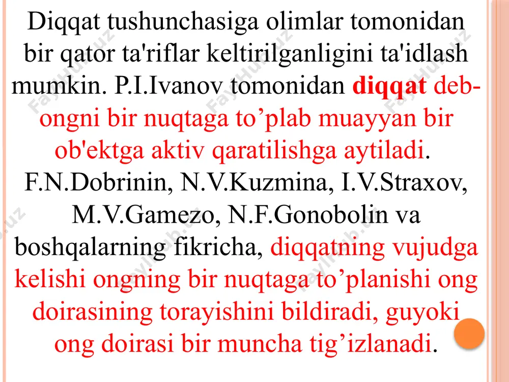 rish maqsadi, niyati paydo bo'lishi tufayli maydonga keladi. (oldindan ko'zlangan maqsad). ixtiyoriydan so'ngi diqqat - odamda ma'lum irodaviy zo'r berishdan so'ng paydo bo'ladi, ammo bunda odam go'yo isga "kirishib" ketadi, ishga diqqatini engilgan bilan to'play boshlaydi. bu diqqatning ixtiyorsiz diqqatdan farqi, bunda odamning anglangan maqsadi bo'ladi, shi tufayli diqqat bir nuqtaga to'planadi, ammo ixtiyoriydan so'ngi diqqat, ixtiyoriy diqqat emas, diqqatning bu turi odamning maxsus irodaviy zo'r berishlarini talab etmaydi. yo'nalish murakkablik barqaror tashqi ichki yuqri quyi hajm taqsimlangan mahsuldor bemahsuldor diqqat sifatlari faollik kenglik jadalligi oson qiyin barqaror beqaror diqqatning ko'lami - qiziqish va ishtiyoqqa bog'liq. narsalar, raqamlar va xarflar surati tushirilgan plakatni qisqa vaqt ichida (bir lahza) namoyish qilinsa, ayrim kishilar ularning ko'proq qismini payqab oladilar. diqqatning barqarorligi bu unga uncha-muncha ta'sirlarga chalglmasligidir. diqqatning bu xususiyati tufayli odam o'z diqqatini uzoqroq vaqt davomida biron bir narsa yoki ish ustiga to'plab tura oladi. diqqatnmg taqsimlanishi - bir necha predmetning yoki …