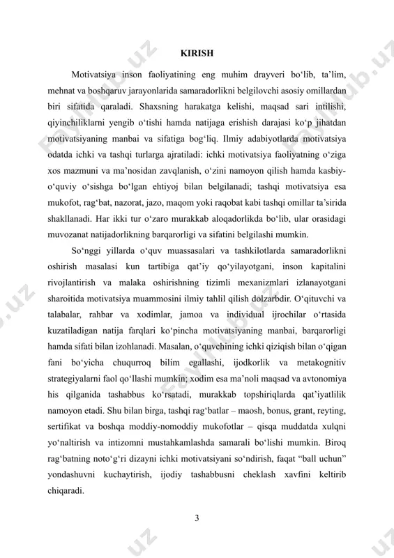 llar hali ham yetarli darajada empirik asosda javob topmagan. shu bois ishning maqsadi ichki va tashqi motivatsiyaning kontseptual farqlari, o‘zaro ta’sir mexanizmlari va natijadorlik ko‘rsatkichlariga ta’sirini nazariy tahlil qilish hamda amaliy tavsiyalar ishlab chiqishdan iborat. tadqiqot predmeti shaxs va jamoalarda motivatsiya manbalari bilan bog‘liq xulq va natijalar bo‘lsa, obyekti ta’lim jarayoni va ish joyi kontekstlaridir. ishning ilmiy yangiligi ichki va tashqi motivatsiya o‘rtasidagi o‘zaro ta’sirni kontekstual omillar – maqsadlarning ma’noliligi, vazifa murakkabligi, baholash va rag‘bat tizimining dizayni, avtonomiya darajasi hamda psixologik xavfsizlik – bilan birgalikda ko‘rib chiqish, shuningdek, “minimal zarur tashqi rag‘bat – maksimal ichki ma’no” tamoyiliga tayangan holda motivatsion muhitni loyihalashga qaratilgan integrativ tavsiyalarni taklif etishda namoyon bo‘ladi. ishning amaliy ahamiyati o‘qituvchilar uchun dars dizaynida qiziqish uyg‘otuvchi topshiriqlar, tanlov va o‘zini baholash elementlarini kengaytirish; tashkilot rahbarlari uchun esa adolatli va shaffof rag‘bat tizimini avtonomiya va kompetentlikni qo‘llovchi boshqaruv uslubi bilan uyg‘unlashtirish bo‘yicha aniq yo‘riqnomalar ishlab chiqish imkoniyatida ko‘rinadi. tadqiqotda …