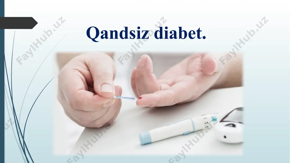 osmolyarligi ( giperosmolyar); bosh miya kt yoki mrt; exoensefalografiya; ekskretorli urografiya; buyrak ut tekshiruvi; zimnitskiy test; qandsiz diabet davolash: markaziy qandsiz diabet: desmopressin intranazal nefrogen qandsiz diabet: tiazid diuretiklar nosteroid yallig’lanishga qarshi preparatlari litiy preparatlari dimetillortetratsiklin e’tiboringiz uchun rahmat! image1.jpeg image2.jpg image3.jpg image4.jpg image5.jpg /docprops/thumbnail.jpeg