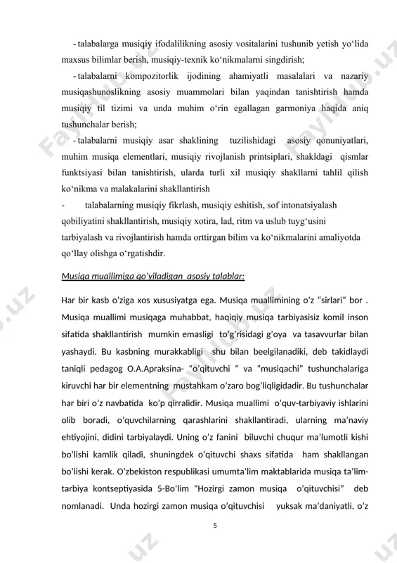 iqiy rivojlanishlari uchun zaruriy shart-sharoitlarni yaratib berish kabi vazifalar shular jumlasidandir. bu vazifalarni amalga oshirish uchun um’umta’lim maktablarida musiqa o’qitishni tubdan yaxshilash , uning samarali metod hamda vositalaridan to’laqonli foydalanishni talab etadi. ushbu ma’ruza musiqa fanini o’qitish metodikasining eng muhim masalalaridan biri ta’lim printsiplariga bag’ishlanadi. bu masalaning dolzarbligi bejiz emas, albatta. o’qituvchi ta’limning asoslari ,qoida va talablarini bilsa, o’qitishning samarali metodlari bilan to’la qurollangan bo’lsagina dars samaradorligiga erisha oladi. 1.1.mumtoz musiqa mumtoz musiqa-mohir sozanda bastkorlar ijodining eng nodir mahsuli shaklidagi murakkab kuy va ashulalardir. amaliyotda u “mumtoz musiqa ” deb yuritiladi. demak, mumtoz musiqa professional yo’nalishga ega bo’lgan o’ziga xos bo’lgan namunalardandir. ushbu yo’nalishga xos bo’lgan asarlar bastakorlar tomonidan yaratilgan, yuksak malakaga ega bo’lgan sozandalar tomonidan ijro etib kelingan murakkab va mukammaldir. shu bilan birga katta san’atkorlik tajribasi mahorat talab etiladi. mumtoz musiqa qadimdan yosh avlodga o’rgatilib kelingan. buni odatda ustoz shogird an’anasi deb yuritiladi va hozirgacha davom etib kelinadi. …
