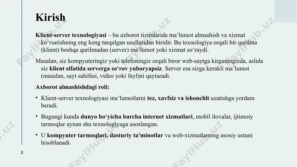 tlamli arxitektura bu murakkabroq tizim bo‘lib, uch qismdan tashkil topgan: klient – foydalanuvchi qurilmasi. ilova (application) – biznes mantiqni bajaruvchi dastur qatlami. server – ma’lumotlar bazasi yoki ma’lumotlarni saqlovchi qism. ilova qatlami klient va server o‘rtasida vositachi sifatida ishlaydi va ma’lumotlarni qayta ishlaydi. bu usul yirik tizimlarda qo‘llanadi, masalan, banklar yoki yirik onlayn xizmatlarda. 5 5 5. qo‘llaniladigan texnologiyalar klient-server tizimida bir nechta asosiy texnologiyalar ishlatiladi: http – web-sahifalar bilan ishlash uchun asosiy protokol. tcp/ip – internetda ma’lumot uzatish qoidalari. dns – sayt nomini (masalan, google.com) ip-manzilga o‘zgartiradi. api (application programming interface) – ilovalar o‘rtasida ma’lumot almashish imkonini beradi. frontend va backend o‘rtasidagi aloqa frontend – foydalanuvchi ko‘radigan qismi (sayt dizayni, tugmalar). backend – server tomoni, ya’ni ma’lumotlar bilan ishlaydigan qism. frontend foydalanuvchi so‘rovini yuboradi, backend javob tayyorlaydi va frontendga qaytaradi. 6 6. klient-server texnologiyasining afzalliklari ma’lumot markazlashuvi – barcha ma’lumotlar serverda saqlanadi, shu bois nazorat qilish oson bo‘ladi. xavfsizlik …