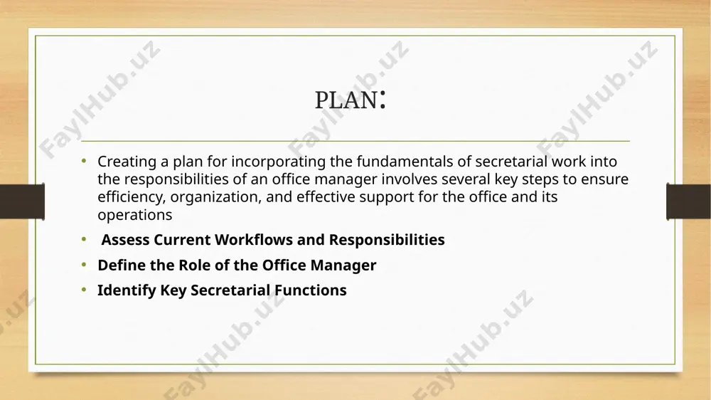 aff members to comprehend. written and oral communication skills are essential for office secretaries. what is the difference between an office manager and a secretary? here are the main differences between an office manager and a secretary. a secretary’s job duties can vary depending on the company and industry they work in. typically, though, their responsibilities involve administrative tasks like typing, writing, filing and emailing. : in conclusion, the integration of secretarial work into the responsibilities of an office manager represents a strategic approach to enhancing office efficiency, optimizing resource utilization, and fostering organizational success. throughout this guide, we have explored the fundamentals of secretarial work within the context of the evolving role of an office manager, highlighting the benefits of consolidating administrative and managerial tasks under a unified framework. image5.png image6.png image7.png image8.png image9.png image10.png image11.png image12.png image13.png image3.png image4.png /docprops/thumbnail.jpeg