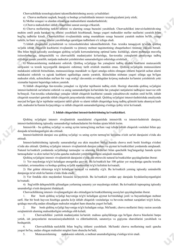kabi dunyoning boshqa mamlakatlarida ham davom etmokda. shu bilan birgalikda dunyo mamlakatlarining rivojlanish tarixi tajribasi shuni ko'rsatadiki, qishloq xo'jaligini yuksaltirishni nisbatan samaradorlik va ahamiyatiliroq shakli bo'lgan intensivlashtirish muhim o'rin tutadi. qishloq xo'jaligini rivojlantirishni intensiv shaklda mahsulot ishlab chiqarishning o'sishi sifat omillar evaziga, ya'ni nisbatan takomilashgan zamonaviy ishlab chiqarish resurslarini tadbiq etish (ulardan to'la va samarali foydalanish), dehqonchilik va chorvachilikning mahsuldorligiga ijobiyt ta'sir etuvchi ilg'or texnalogiya, ilmiy-texnika taraqqiyoti natijalari, ishlab chiqarishni va mehnatni tashkil etishni zamonaviy usullarini joriy etish orqali amalga oshiriladi. shuni nazardan chetda qoldirmaslik kerakki, kengaytirilgan takror ishlab chiqarishning ekstensiv shakli ba'zi hollarda samarali bo'lishi mumkin, shunga muvofiq har doim ekstensiv shaklni samarasiz deb ta'kidlash fikri o'zini oqlamaydi.amalda bu ikki yo'l ishlab chiqarishni rivojlanishida bir-birini to'ldirib, piravorida umumiy iqtisodiy samardorlikni ortishiga olib keladi. ular yagona xo'jalik faoliyatiga xos usullar bo'lib, bir vaqtning o'zida iqtisodiy o'sishda ham miqdoriy (ekstensiv), ham sifat(intensiv) jihatlari mavjud bo'ladi, ammo ularning nisbati har xil mutanosiblikda …