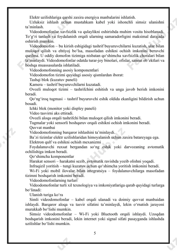 a funksiyalar harakat sensorlari, mobil ilova orqali boshqarish, yuzni aniqlash, ovoz yozib olish kabi funksiyalar foydali bo‘lishi mumkin. videodomofon tizimlari bugungi kunda xavfsizlikni ta’minlash va qulaylik yaratish uchun eng samarali texnologiyalardan biridir. ular orqali tashrif buyuruvchilarni kuzatish, begonalardan himoyalanish va masofadan boshqarish imkoniyatiga ega bo‘lish mumkin. to‘g‘ri videodomofon tanlash uchun uning texnik imkoniyatlari, foydalanish maqsadi va o‘rnatish sharoitlari e’tiborga olinishi lozim. zamonaviy videodomofonlar nafaqat oddiy qo‘ng‘iroq tizimi sifatida, balki aqlli uy va xavfsizlik tizimlarining ajralmas qismi sifatida ham ishlatilmoqda. 1.2 videodomofonning ishlash prinsipi videodomofonning ishlash prinsipi tashrif buyuruvchilarni identifikatsiya qilish, ularga masofadan javob berish va eshikni ochish imkoniyatini ta’minlashga asoslangan. bu jarayon quyidagi bosqichlardan iborat: tashqi blokdan signal yuborish tashrif buyuruvchi qo‘ng‘iroq tugmasini bosadi. videodomofonning kamera qismi tashrif buyuruvchining tasvirini real vaqt rejimida ichki blokga yuboradi. ba’zi ilg‘or tizimlarda harakat sensori orqali tashrif buyuruvchini aniqlash va avtomatik yozib olish funksiyasi mavjud. ichki blok orqali video va audio signal qabul qilish …
