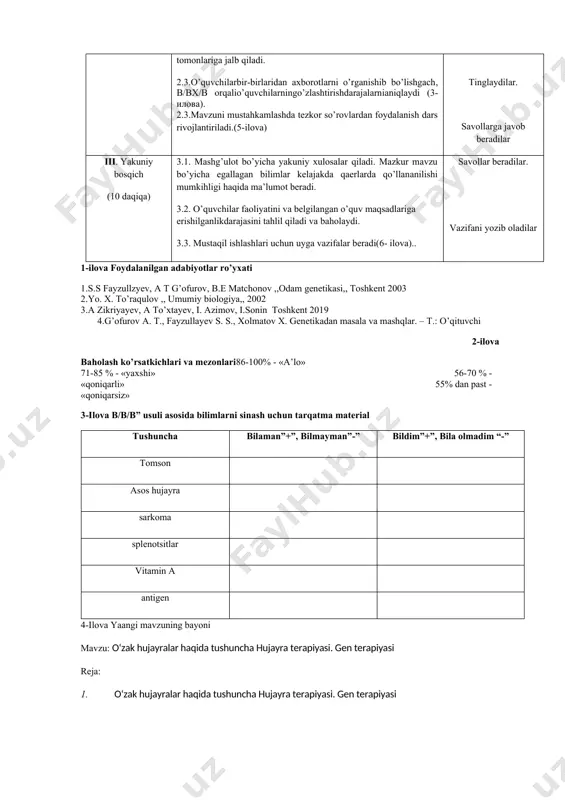 adi. o’quvchilarning e’tiborini asosiy tushunchalarga va ahamiyatli tomonlariga jalb qiladi. 2.3.o’quvchilarbir-birlaridan axborotlarni o’rganishib bo’lishgach, b/bx/b orqalio’quvchilarningo’zlashtirishdarajalarnianiqlaydi (3-илова). 2.3.mavzuni mustahkamlashda tezkor so’rovlardan foydalanish dars rivojlantiriladi.(5-ilova) tinglaydilar va yozib oladilar. tinglaydilar. savollarga javob beradilar iii. yakuniy bosqich (10 daqiqa) 3.1. mashg’ulot bo’yicha yakuniy xulosalar qiladi. mazkur mavzu bo’yicha egallagan bilimlar kelajakda qaerlarda qo’llananilishi mumkihligi haqida ma’lumot beradi. 3.2. o’quvchilar faoliyatini va belgilangan o’quv maqsadlariga erishilganlikdarajasini tahlil qiladi va baholaydi. 3.3. mustaqil ishlashlari uchun uyga vazifalar beradi(6- ilova).. savollar beradilar. vazifani yozib oladilar 1-ilova foydalanilgan adabiyotlar ro’yxati 1.s.s fayzullzyev, a t g’ofurov, b.e matchonov ,,odam genetikasi,, toshkent 2003 2.yo. x. to’raqulov ,, umumiy biologiya,, 2002 3.a zikriyayev, a to’xtayev, i. azimov, i.sonin toshkent 2019 4.g’ofurov a. t., fayzullayev s. s., xolmatov x. genetikadan masala va mashqlar. – t.: o’qituvchi 2-ilova baholash ko’rsatkichlari va mezonlari86-100% - «a’lo» 71-85 % - «yaxshi» 56-70 % - «qoniqarli» 55% dan past - «qoniqarsiz» 3-ilova b/b/b” usuli asosida …