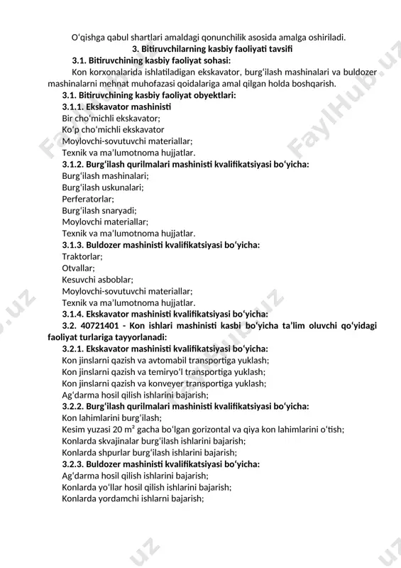 rish; kk-2.3. gorizontal va qiya kon lahimlarini qazib o‘tish; kk-2.4. konlarda burg‘ilash ishlarini bajarish; 4.2.3 buldozer mashinisti kvalifikatsiyasi bo‘yicha: kk-3.1. buldozerda ishlashda mehnatni muhofaza qilish va xavfsizlikni ta’minlash; kk-3.2. buldozerlarga texnik xizmat ko’rsatish; kk-3.3. buldozerlarni boshqarish kk-3.4. uyumlar hosil qilish va yumshatish; 5. o‘quv reja tuzilmasi va ularga qo‘yiladigan talablar hamda bitiruvchida shakllantiriladigan kompetensiyalar t/r fan (modul) nomi bitiruvchi o‘zlashtirishi lozim bo‘lgan bilim va ko‘nikmalar shakllantiriladigan kompetensiyalar bilimlar ko‘nikmalar umumkasbiy fanlar bloki 1. texnikaviy chizmachilik –chizmachilik va geometriya asoslarini; –kostruktorlik hujjatlari yagona tizimi (eskd) talablarini; –ishchi chizmalar va eskizlarni chizmalarini bajarishni; –ishlov beradigan detallar sxemalari va grafiklarini o‘qish –texnik chizmalarni, sxemalar va grafiklarni o‘qishni va chizishni; –ishlov beradigan detallarni eskizlarini chizishni, ularda qirqim va kesimlarni tasvirlashni; –chizmalarda o‘lchamlar qo‘yishni, ularda o‘lchov aniqligi va yig‘ish talablari (dopusk va posadkalar)ni qayd etishni; –texnik adabiyot va ma’lumotnomalardan foydalanishni; –yig‘ma chizmalarni, sxemalarni o‘qish. uk-1, uk-5, uk-8, uk-9 2. konstruksion materiallar –kasbiy faoliyatda foydalaniladigan materiallarning …