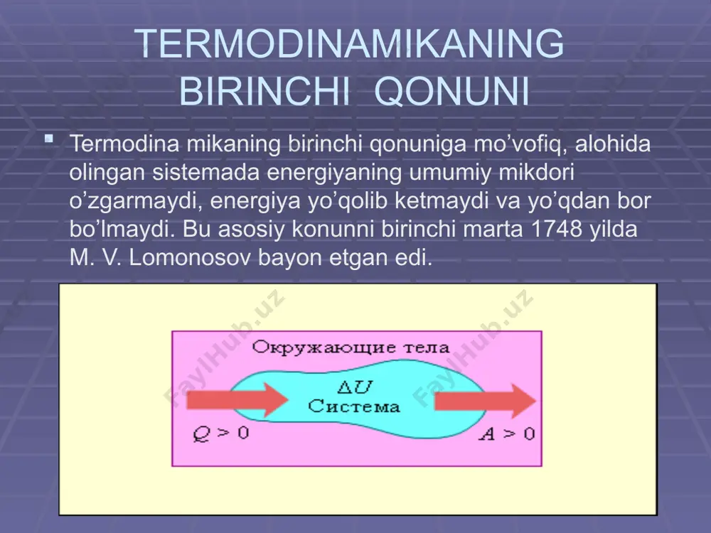 yon bo’ladi. ish va issiqlik energiyaning berilish formalaridir. shuning uchun ham protsessdagi ish — a va issiqlik — q protsess qay tarzda borishiga albatta bog’llq bo’ladi. ichki energiyaning o’zgarishi protsessning qay tarzda borishiga bog’liq emas, u faqat sistemaning dastlabki va oxirgi holatlariga bog’lik. moddalarning issiqlik sig’imi moddani 1° isitish uchun ketgan issiqlik miqdori shu moddaning issiqlik sig’imi deyiladi. 1 g moddani 1° isitish uchun ketgan issiqlik miqdori shu moddaning solishtirma issitslik sig’imi deyiladi. 1 gramm-molekula moddani 1° isitish uchun zarur bo’lgan issiqlik miqdori shu moddaning molyar issiqlik sig’imi deb, 1 gramm atom moddani 1° isitish uchun zarur bo’lgan issiqlik miqdori esa shu moddaning atom issiqlik sig’imi deb ataladi. moddalarning issiqlik sig’imi (xuddi solishtirma og’irligi, qaynash temperaturasi va hokazolari kabi) juda muhim fizikaviy xossalaridan biridir. moddalarning issiqlik sig’imiga oid ikkita empirik qoida bor, bulardan biri, dyulong—pti, ikkinchisi kopp—neyman qoi-dasidir. dyulong—pti qoidasiga ko’ra, qattiq holatda olingan element-larning atom issiqlik cufumu taxminan 6,4 …