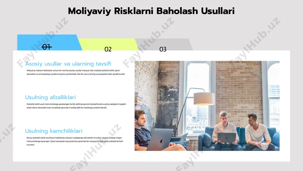 rni aniqlash va ularni samarali kamaytirish strategiyalari investitsiya loyihalarining muvaffaqiyatiga ta'sir ko'rsatadi. diversifikatsiya, sug'urtalash va moliyaviy rejalashtirish kabi usullar risklarni boshqarishda muhim rol o'ynaydi. risklarni boshqarish jarayonlari 1. risklarni aniqlash: investitsiya loyihalari doirasida moliyaviy risklarni aniqlash va baholash jarayoni. bu bosqichda loyiha faoliyatiga salbiy ta'sir ko'rsatishi mumkin bo'lgan moliyaviy omillar o'rganiladi. 2. risklarni tahlil qilish: aniqlangan moliyaviy risklarni chuqur tahlil qilish, ularning ta'sir darajasini va yuzaga kelish ehtimolini baholash. bu jarayon, moliyaviy risklarni boshqarish strategiyalarini ishlab chiqishda muhim ahamiyatga ega. 3. risklarni boshqarish: moliyaviy risklarni kamaytirish yoki ularni nazorat qilish uchun zarur choralar ko'rish. bu bosqichda risklarni minimallashtirish yoki ularning salbiy ta'sirini kamaytirish uchun samarali strategiyalar ishlab chiqiladi. yuqori risklarni kamaytirish usullari asosiy usullar 1. diversifikatsiya: investitsiyalaringizni turli sohalarga tarqatish. 2. sug'urta: moliyaviy xavflarni kamaytirish uchun sug'urta vositalaridan foydalanish. 3. risklarni boshqarish rejasi: har bir loyiha uchun alohida reja ishlab chiqish. 4. zaxira fondi: kutilmagan xarajatlarni qoplash uchun mablag' ajratish. …