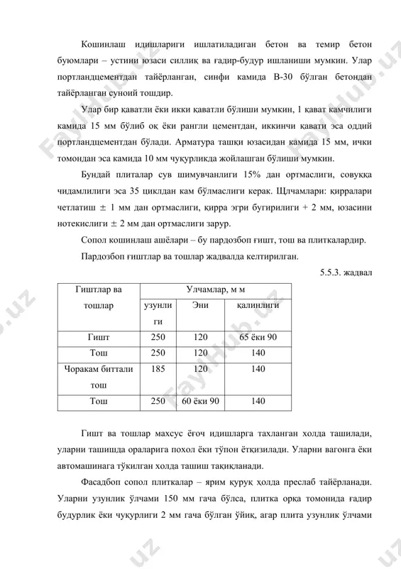 ан лойдан тайёрланиб, серғовак бўлади, фаянс плитлар эса ўтга чидамли гилга қум қўшиб пиширилади. сопол плиталарни ўлчамлари қуйидаги жадвалда келтирилган. 5.5.6-жадвал плитка формаси плитка типи улчами, мм узуни эни тенг томонли тўртбурчак (квадрат) 1 2 150 100 150 100 тенг томонли тўртбурчак (квадрат) бир томони суйри 3 4 150 100 150 150 тенг томонли тўртбурчак (квадрат) енма ен икки томони суйри 5 6 150 100 150 100 тенг томонли тўртбурчак (квадрат) тўртала томони суйри 7 8 150 100 150 100 тўғри тўрт бурчак 9 10 150 150 100 75 тўғри тўрт бурчак бир томони суйри 11 12 150 150 100 75 тўғри тўрт бурчак енма ен икки томони суйри 13 14 150 150 100 75 тўғри тўрт бурчак туртала томони суйри 15 16 150 150 100 75 белбоғ плита 17 150 25 ташки бурчак учун 18 - 150 ички бурчак учун 19 - 150 карниз учун 20 150 50 ёғоч …