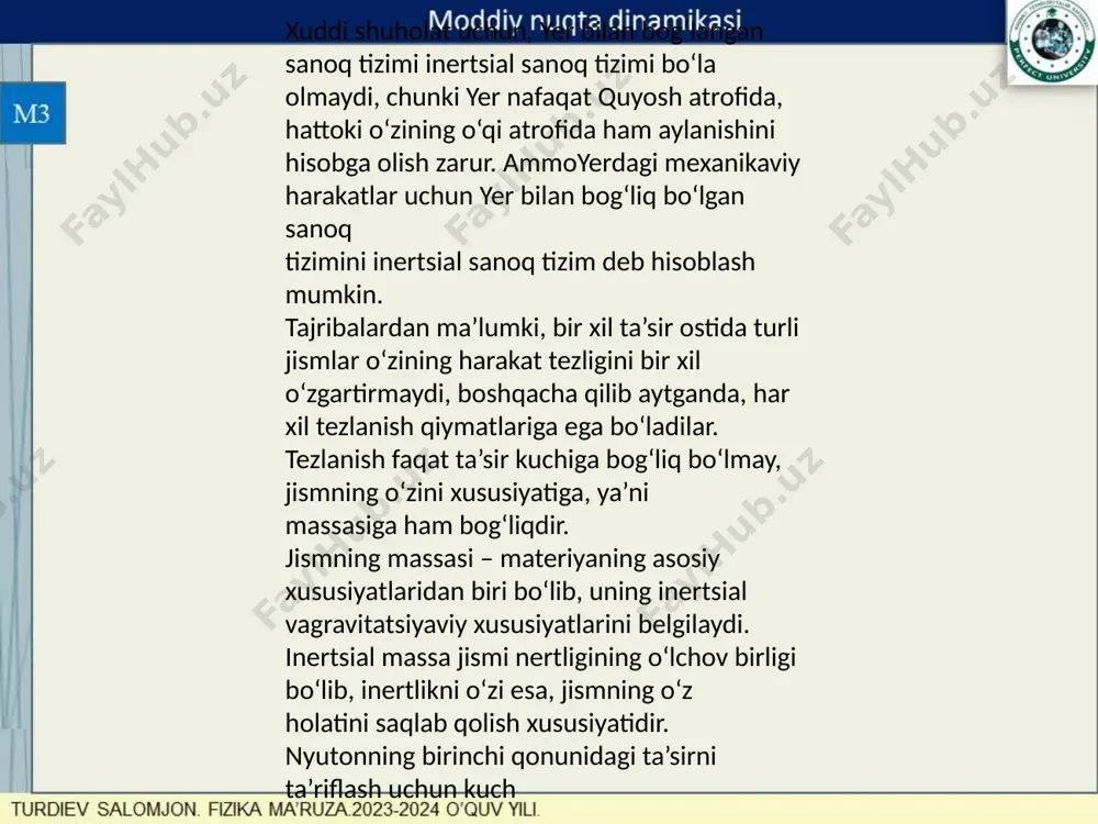 shda bo‘ladi: bu yerda k1 – muhitni xarakterlovchi doimiylik (moy, suv, yopishqoq suyuqliklar). bu kuch suyuqlik yoki gazning harakat tezligiga proportsional kuch bo‘lib, kichik tezliklar uchun o‘rinli bo‘ladi. katta tezliklarda esa formula biroz boshqacha ko‘rinishga ega bo‘lib, kuch tezlikning kvadratiga proportsional bo‘ladi. rximed kuchi - gaz yoki suyuqliklar ustunlarining har xil balandliklaridagi bosimlarning farqi hisobiga itarish kuchlari hosil bo‘ladi. idishning shakliga bog‘liq bo‘lmaydigan, suyuqlik yoki gaz ustunining birlik yuzasiga ta’sir etuvchi bosim quyidagicha ifodalanadi: bu yerda s – suyuqlik yoki gaz ustunining yuzasi, h – ustun balandligi, ρ – suyuqlik yoki gazning zichligi image1.jpeg image2.jpeg image3.png image4.png image5.png image6.png image7.png image8.png image9.png image10.png image11.png image12.png image13.png image14.png image15.png image16.png image17.png image18.png image19.png image20.png image21.png image22.png image23.png image24.png image25.png image26.png image27.png image28.png image29.png image30.png image31.png image32.png image33.png image34.png image35.png /docprops/thumbnail.jpeg