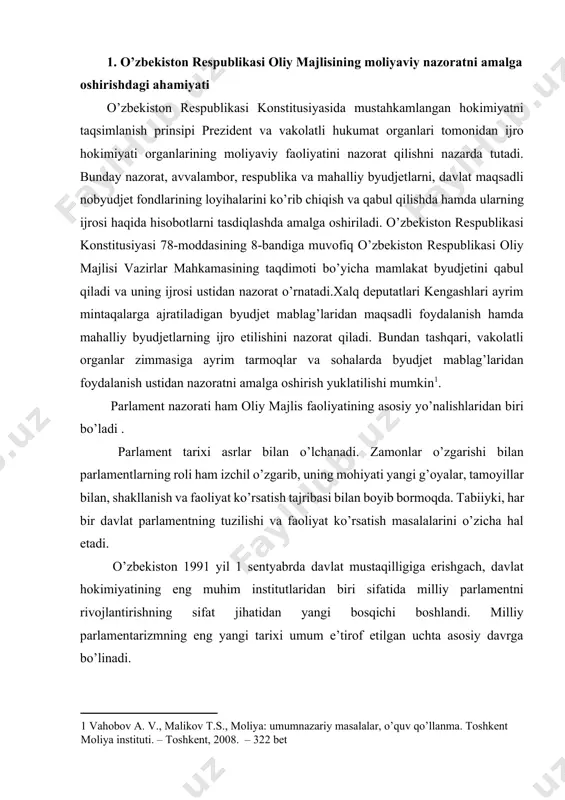ti ham oliy majlis faoliyatining asosiy yo’nalishlaridan biri bo’ladi . parlament tarixi asrlar bilan o’lchanadi. zamonlar o’zgarishi bilan parlamentlarning roli ham izchil o’zgarib, uning mohiyati yangi g’oyalar, tamoyillar bilan, shakllanish va faoliyat ko’rsatish tajribasi bilan boyib bormoqda. tabiiyki, har bir davlat parlamentning tuzilishi va faoliyat ko’rsatish masalalarini o’zicha hal etadi. o’zbekiston 1991 yil 1 sentyabrda davlat mustaqilligiga erishgach, davlat hokimiyatining eng muhim institutlaridan biri sifatida milliy parlamentni rivojlantirishning sifat jihatidan yangi bosqichi boshlandi. milliy parlamentarizmning eng yangi tarixi umum e’tirof etilgan uchta asosiy davrga bo’linadi. o’zbekiston respublikasi oliy majlisining qonunchilik palatasi mamlakatni isloh etish va modernizasiya qilishning davlatimiz boshlig’i tomonidan olg’a surilgan ustuvor yo’nalishlari hamda aniq maqsadli vazifalari asosida ishlab chiqilgan qonunchilik faoliyati dasturini qabul qildi va ushbu dasturning nazorati amalga oshirmoqda. o’zbekiston respublikasi oliy majlisining senati(yuqori palatasi) hududiy vakillik palatasi bo’lib, 100 ta senat a’zosidan iborat. senat ishi yalpi majlislarga va uning qo’mitalari majlislariga to’planadigan senatorlar faoliyatiga asoslanadi. senat …