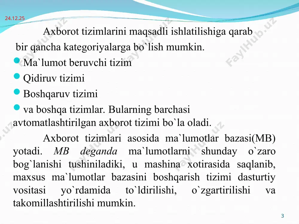 tlar markazlashmagan holda shk yordamida qayta ishlanadi. ilgari ular alohida xonalarda joylashgan ehmlarda markazlashgan holda qayta ishlangan. ehmlariga axborotlar tashqi qurilmalar orqali kelib to‘plangan. ma’lumotlar bazasi markazlashgani hisobiga ularni ma’lumotlar banki deb atashgan. bunda ma’lumotlarga murojat etish ishchi stansiyalardan markazlashgan xolda tashkil etilgan va shuning uchun ma’lumotlar banki bilan ma’lumotlar bazasi tushunchalari o‘rtasida farq qilingan. * ma’lumotlar bazasi tushunchasi bilan ma’lumotlar banki tushunchasi ham mavjud * * xozirgi kunda ko`p xollarda ma`lumotlar bazasi markazlashmagan xolda tashkil qilinmoqda. shuning uchun ma`lumotlar banki va ma`lumotlar bazasi sinonim so`zlar sifatida ham ishlatiladi. 2. boshqacha talqinda ma’lumotlar banki deyilganda ma`lumotlar bazasi uni boshqarish tizimi(mbbt) tushuniladi. mb ni ishlatish afzalliklari: ixchamligi; axborotlarni qayta ishlash tezligini oshishi; kam mehnat sarfi; har doim yangi axborot olish imkoniyati mavjudligi; ma’lumotlarni ortiqchaligini kamayishi va boshqalar. * * *