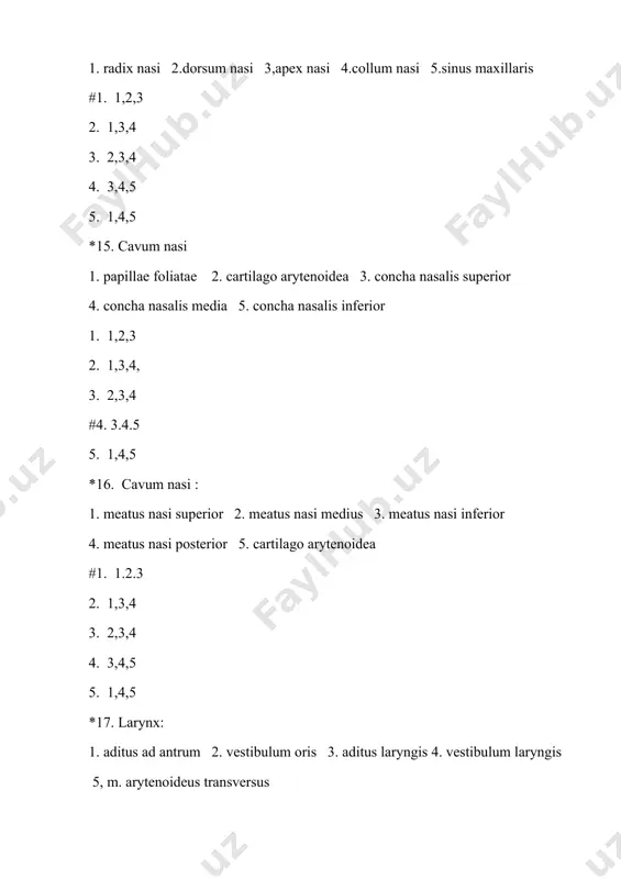 cularis 1. 1,2,3 2. 3,4,5 #3. 2.3.5 4. 1,4,5 5. 2,3,4 *51.чап бўлмачага қайси тешиклар очилади: 1. 2. ostium v. pulmonalis dextra 2. 2. ostium v. pulmonalis sinistra 3, ostium atrioventriculare 4. 1 ostium v. pulmonalis dextra 5. 1 ostium v. pulmonalis sinistra #1. 1,2,3 2. 3,4,5 3. 2,3,5 4. 1,4,5 5. 2,3,4 *52 аортанинг ярим ойсимон клапанлари: 1. valvulae semilunares dextra 2. valvulae semilunares sinistra 3. valvulae semilunares posterior 4. valvilae semilunares anterior 5. valvulae semilunares basilaris #1. 1,2,3 2. 3,4,5 3. 2,3,5 4. 1,4,5 5. 2,3,4 *53.юрак деворининг каватлари: 1. epicardium 2. myocardium 3. endocardium 4. tunica mucosa 5. tunica serosa #1. 1, 2, 3 2. 3,4,5 3. 2,3,5 4. 1,4,5 5. 2,3,4 *54. бачадон найининг 5 қисмини санаб беринг. 1 .буйни 2. infundibulum , fimbriae 3,.ampulla 4. istmus, tubae uterinae (ички бачадон кисми) 5. бошчаси 1. 1,2,3 2. 3,4,5 3. 2,3,5 4. 1,4,5 #5. 2,3,4 55. tuba …